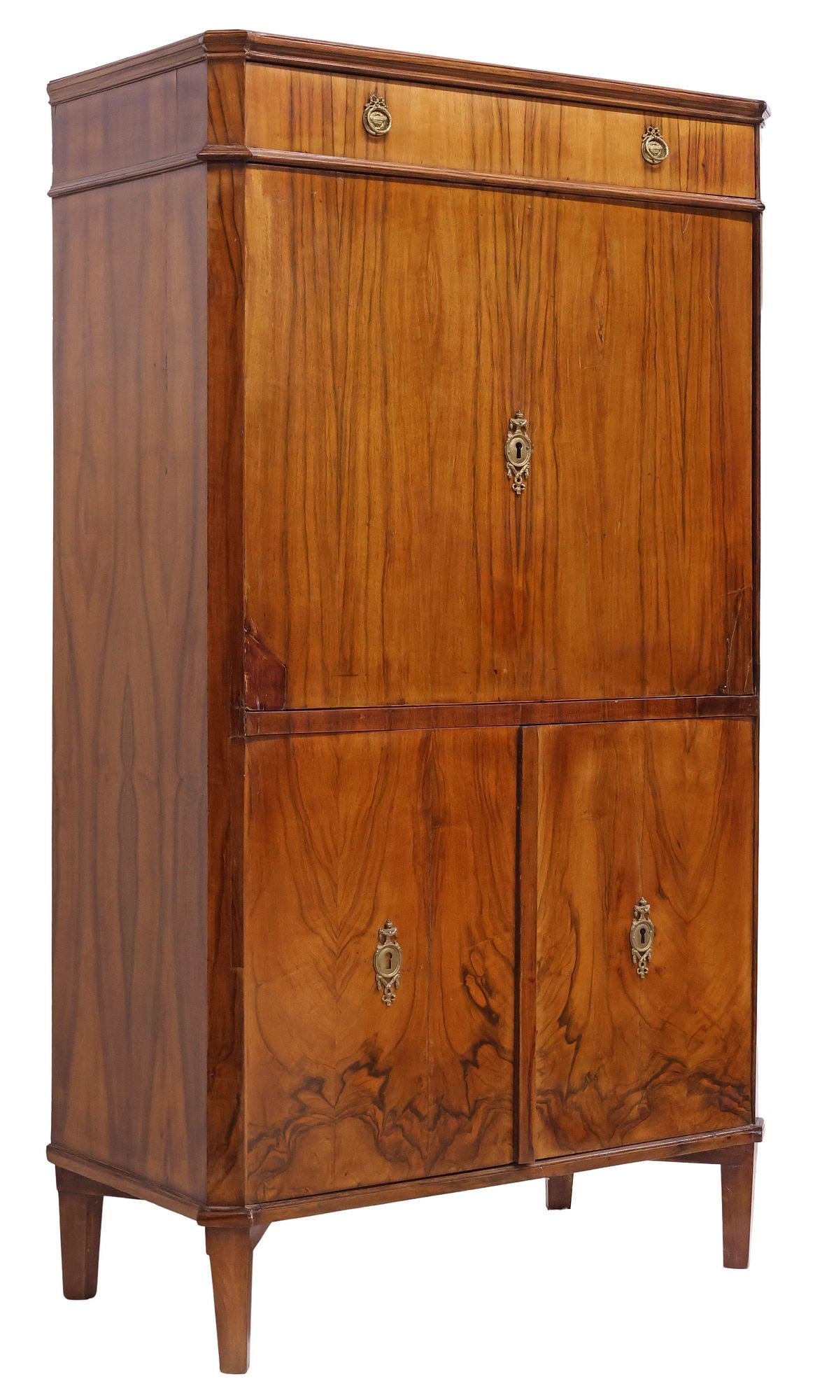 BIEDERMEIER BURL WALNUT FALL-FRONT SECRETARY, HIDDEN COMPARTMENTS: Biedermeier figured walnut fall-front secretary, early 19th c., having canted rectangular case with upper frieze drawer, above fall-front cabinet, revealing interior finished in parcel-ebonized burlwo