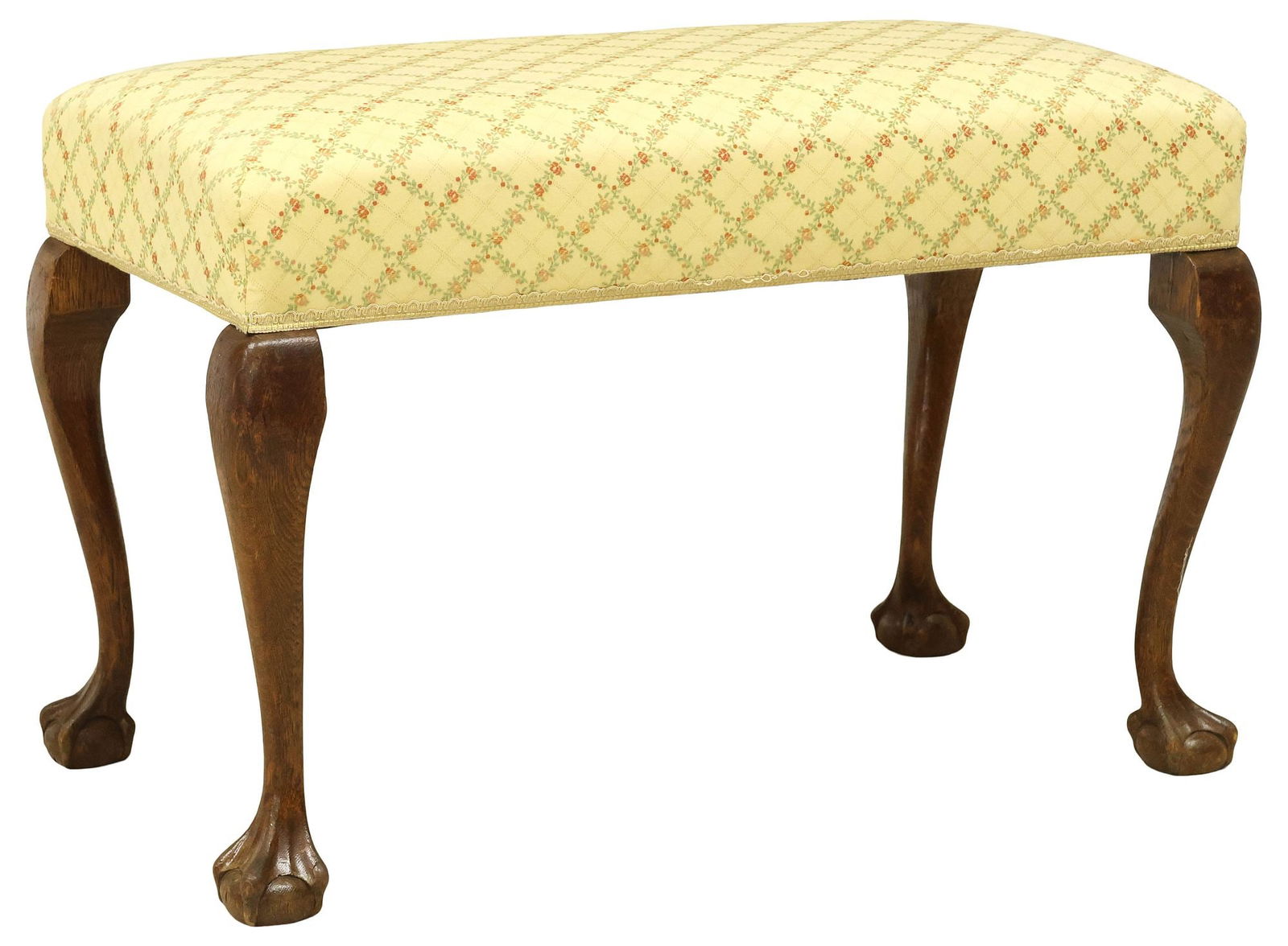 ENGLISH CHIPPENDALE STYLE UPHOLSTERED OAK STOOL: English Chippendale style carved oak vanity/ dressing stool, early 20th c., having padded seat in floral-patterned upholstery, rising on cabriole legs, ending on claw-and-ball feet, approx 19.5"h, 29.