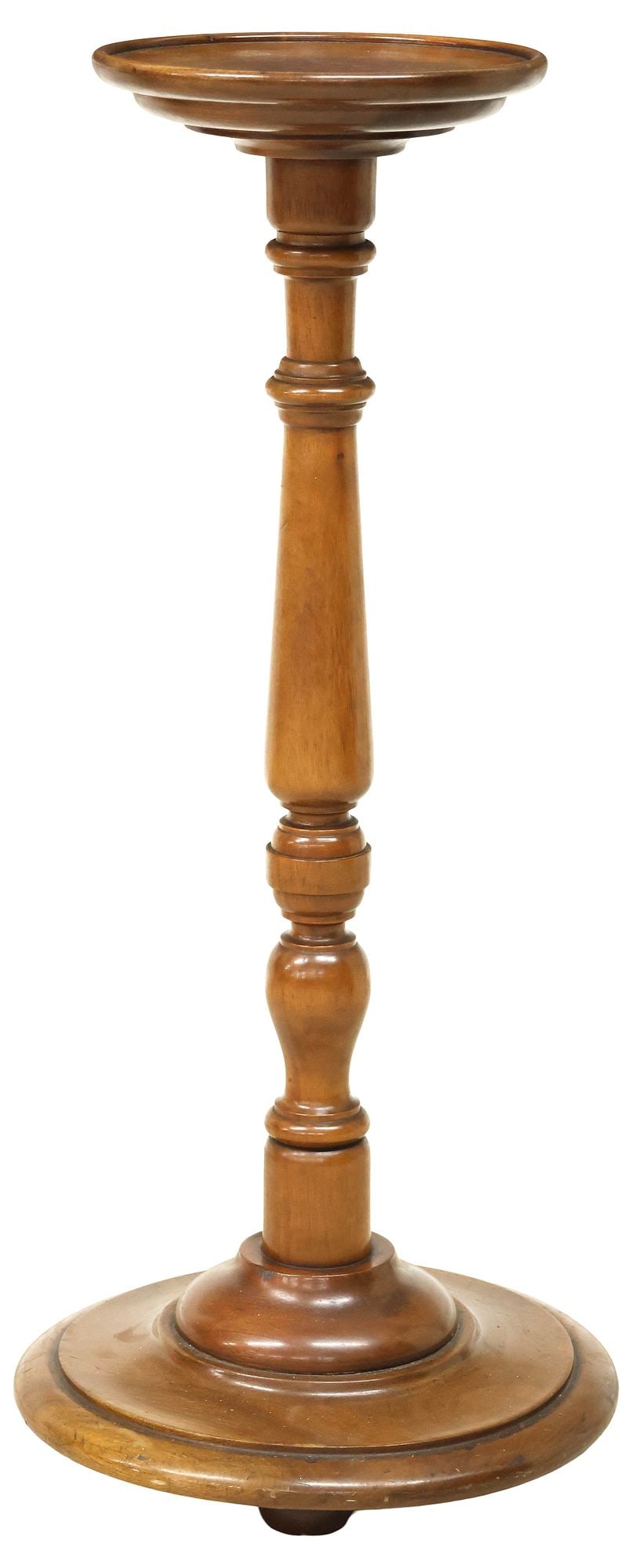 ENGLISH VICTORIAN TURNED MAHOGANY PEDESTAL / PLANT STAND: English Victorian mahogany pedestal/ plant stand, late 19th c., having circular top, over turned standard on stepped round base, ending on flattened bun feet, approx 35.5"h, 15"diam