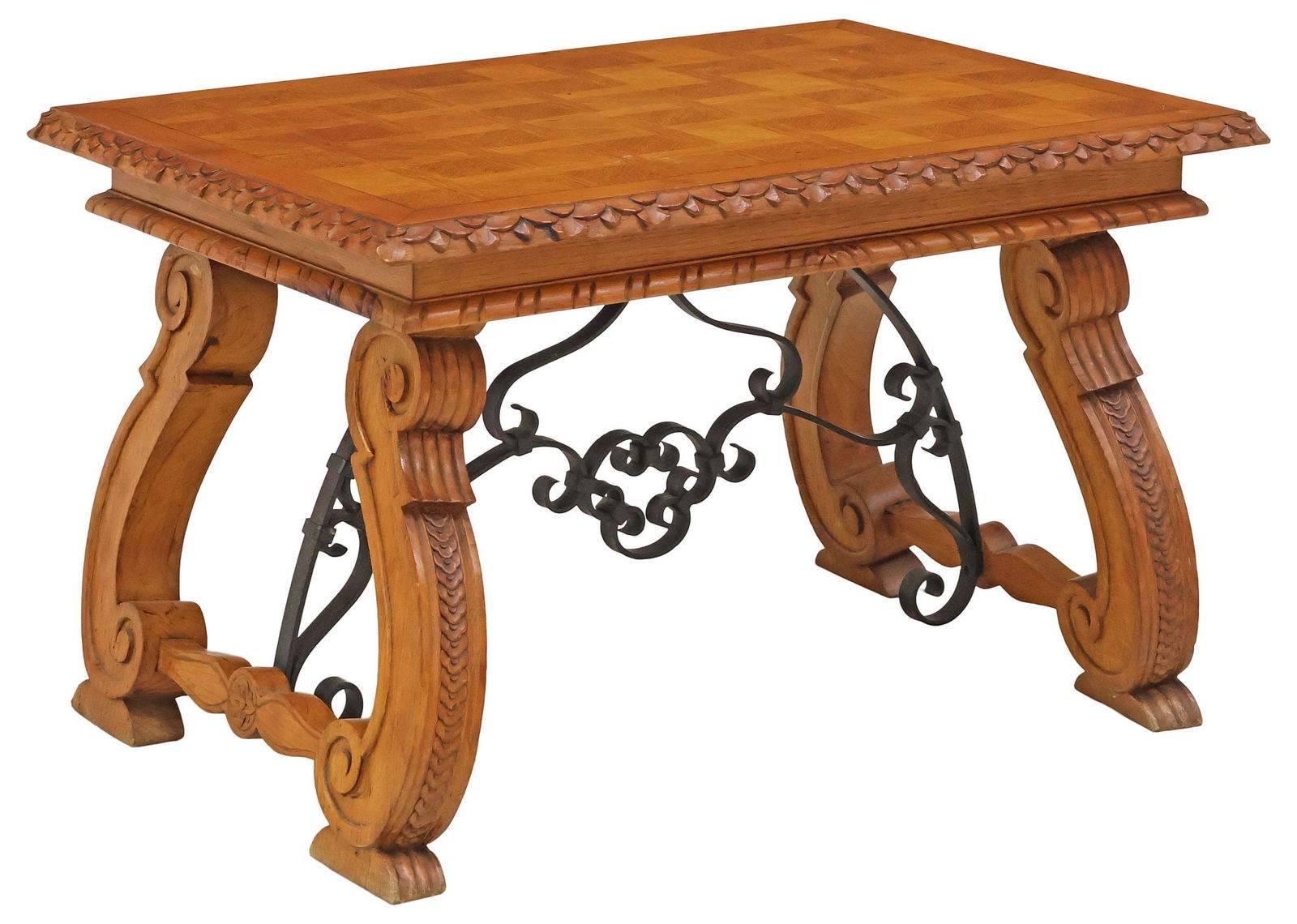 BAROQUE STYLE OAK PARQUETRY-TOP TRESTLE COFFEE TABLE: Baroque style carved oak coffee table, having rectangular parquetry top, with carved foliate trim, raised on scrolled trestle supports, joined by wrought iron cross-stretcher, approx 19.25"h, 31"w, 22