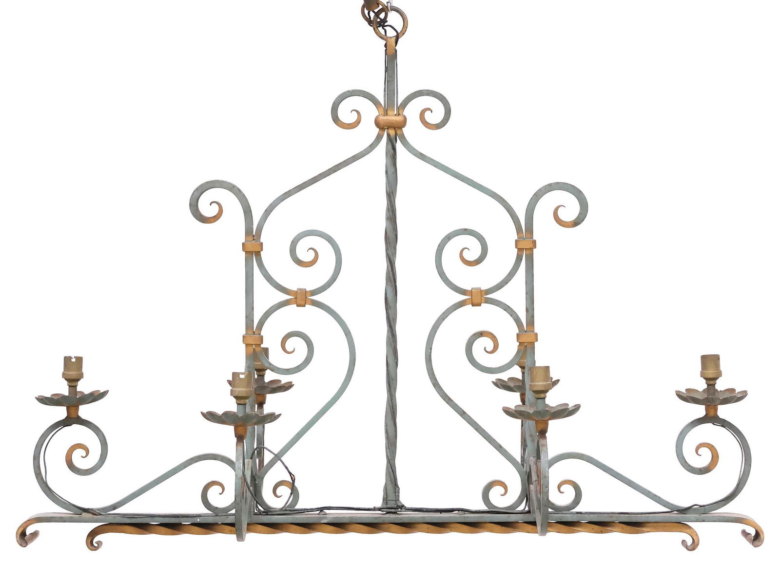 VERDIGRIS-PATINATED & PARCEL-GILT WROUGHT IRON 6-LIGHT CHANDELIER: Wrought iron six-light chandelier, 20th c., in a parcel-gilt verdigris painted finish, having openwork frame with twisted central standard, issuing six scrolled arms, ending at floriform bobeche, in