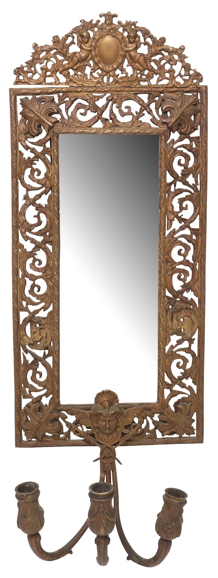 BRADLEY & HUBBARD STYLE MIRRORED BRASS 3-LT GIRANDOLE CANDLE SCONCE: Mirrored brass three-light girandole candle sconce, in the style of Bradley and Hubbard, early 20th c., crest having two figures flanking blank cartouche, above rectangular frame with pierced rinceau