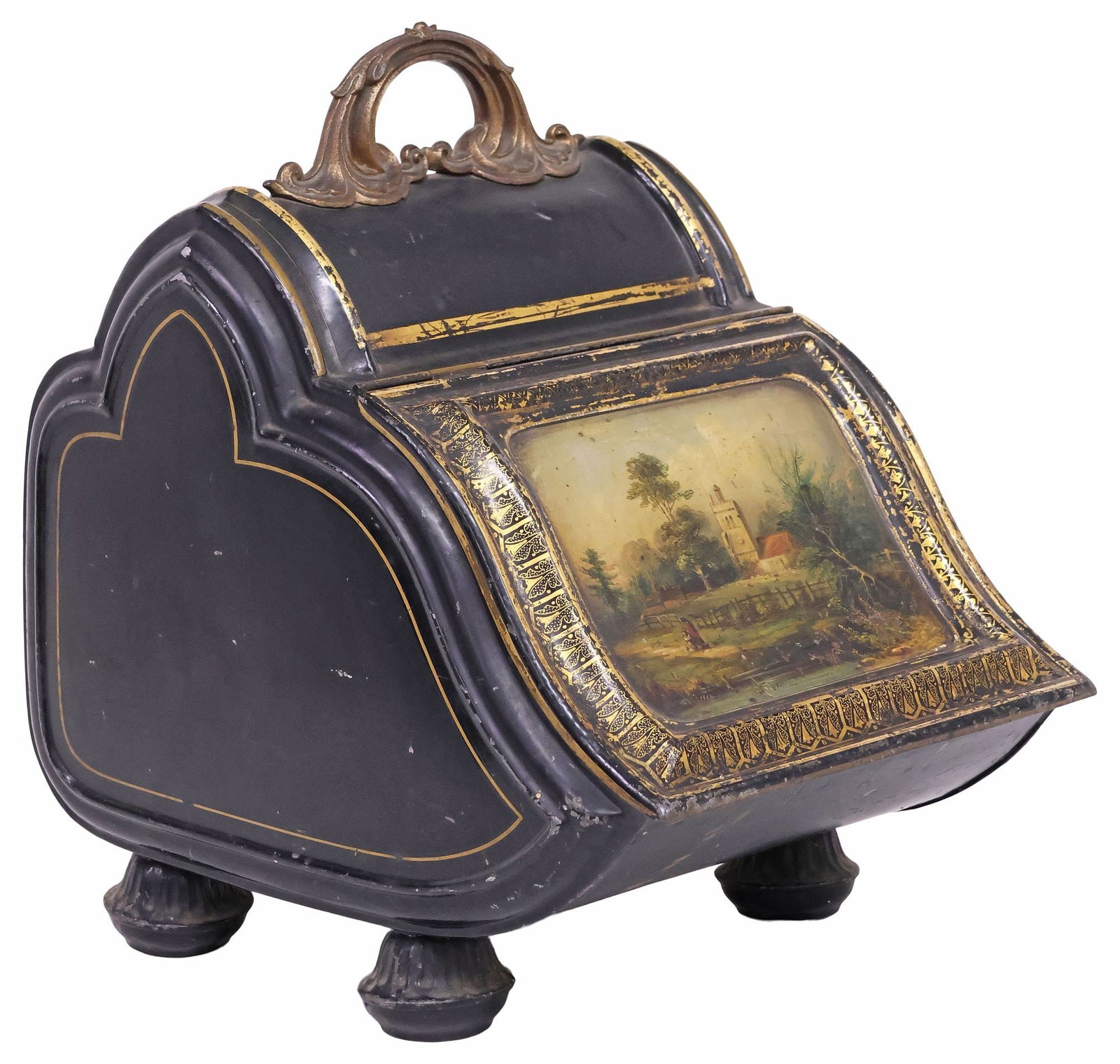 ENGLISH VICTORIAN TOLE-PAINTED COAL BIN: English Victorian tole-painted coal bin, late 19th c., having fixed brass handle, above sloped lid with hand-painted scene depicting a travelling figure and an architectural facade, rising on rounded