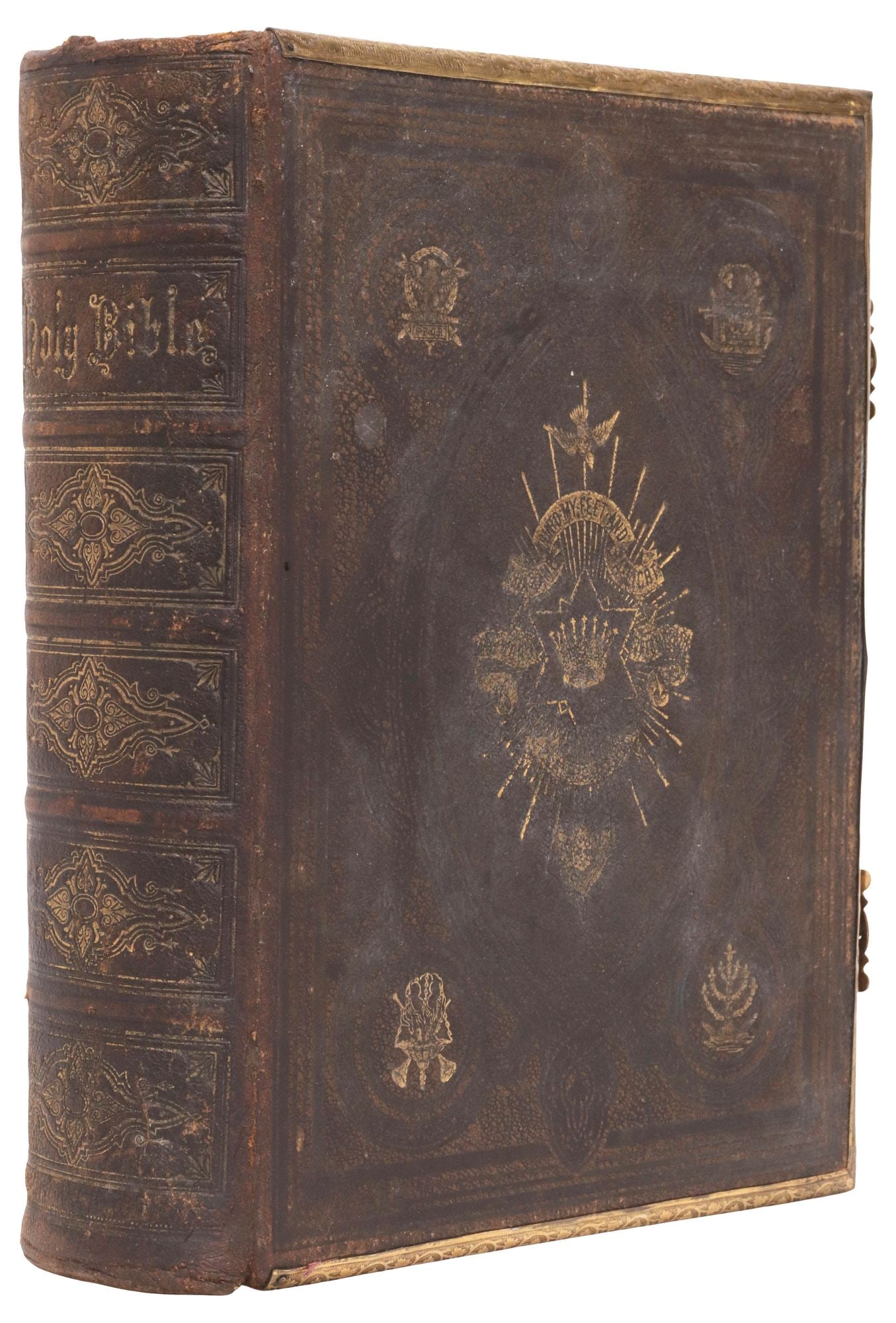 ANTIQUE ENGLISH LEATHER & BRASS BOUND HOLY BIBLE (1 of 6)