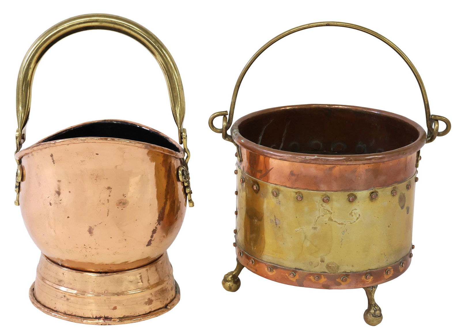 (2) ENGLISH BRASS & COPPER COAL SCUTTLE & RIVETED BUCKET: (lot of 2) English brass and copper items, late 19th c., including: (1) coal scuttle, brass swing bail handle with scrollwork, fixed bracket handle at back, approx 9.25"h (handle down), 10.5"w, 7.75"w