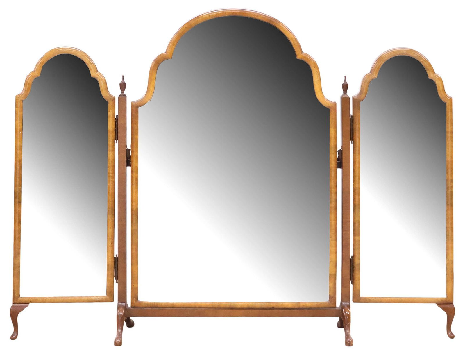 ENGLISH QUEEN ANNE STYLE BURLWOOD TRIFOLD VANITY / DRESSING MIRROR: English Queen Anne style figured wood trifold vanity/ dressing mirror, early 20th c., having three shaped panels, each encasing beveled mirror plate, ending on short cabriole legs, two legs intact wit