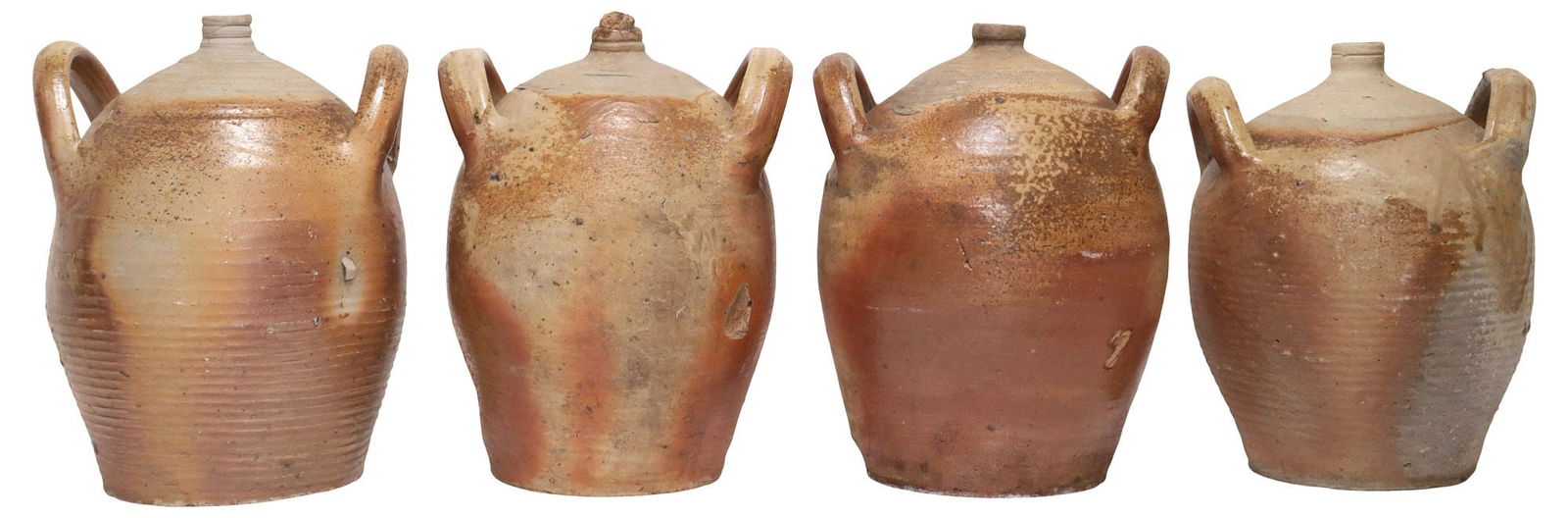 (4) FRENCH PROVINCIAL STONEWARE OIL JUGS: (lot of 4) French Provincial stoneware oil jugs, each with dual side handles over tapered body, with typical small scattered chips and minor denting throughout, largest: approx 12"h, 9"diam, 23lbs tot