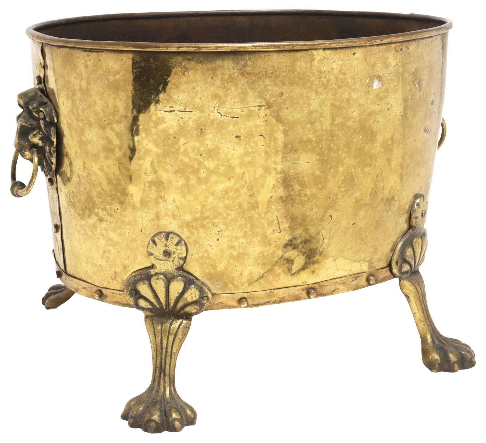 ENGLISH EDWARDIAN BRASS PLANTER/ JARDINIERE ON PAW FEET (1 of 6)