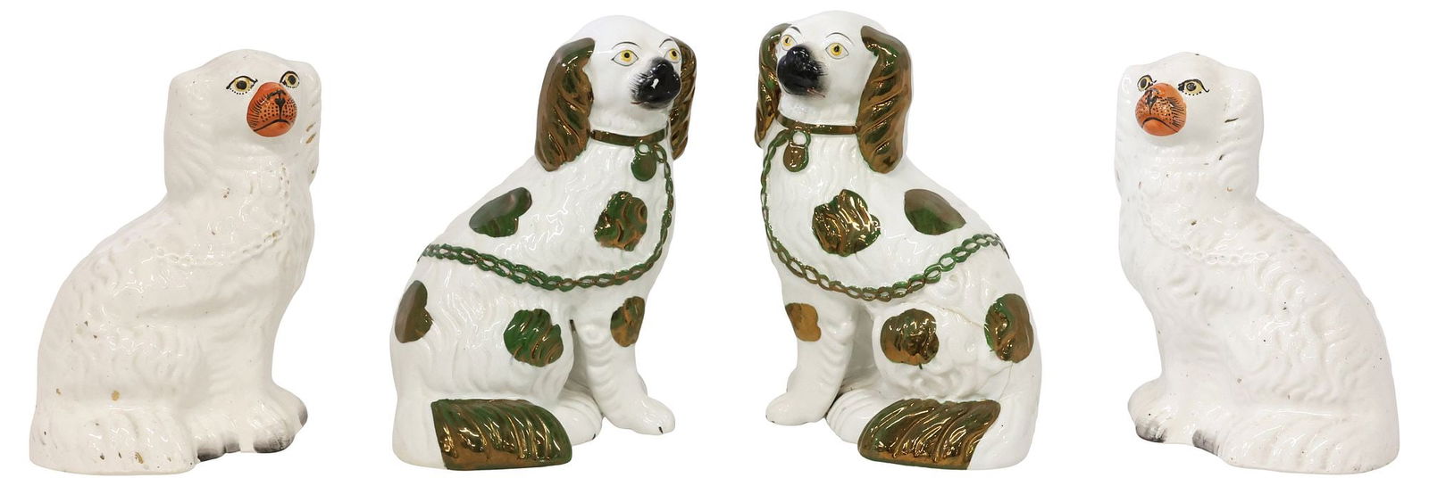 (4) ENGLISH STAFFORDSHIRE MANTEL DOGS, IN TWO PAIRS: (lot of 4) English Staffordshire mantel dogs, 20th c., comprising two pairs, each modeled as a seated spaniel, with painted features, and remnants of gilt decoration, including: (2) with painted ears