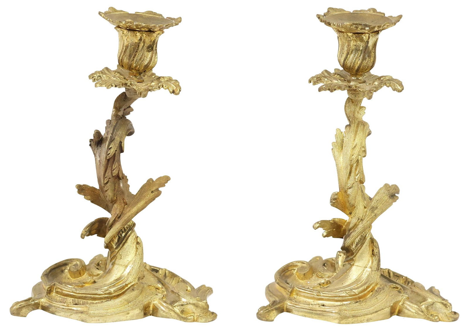 (2) FRENCH LOUIS XV STYLE ORMOLU SCROLLED FOLIATE CANDLESTICKS (1 of 4)