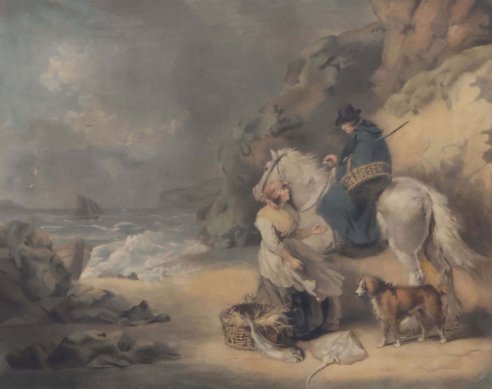 MEZZOTINT AFTER GEORGE MORLAND (ENGLISH, 1763-1804), 'SELLING FISH': Framed mezzotint on paper, "Making the Bargain," after the painting "Selling Fish" by George Morland (English, 1763-1804), gilt-embellished title plaque in lower margin of frame, stabilized tear to sh