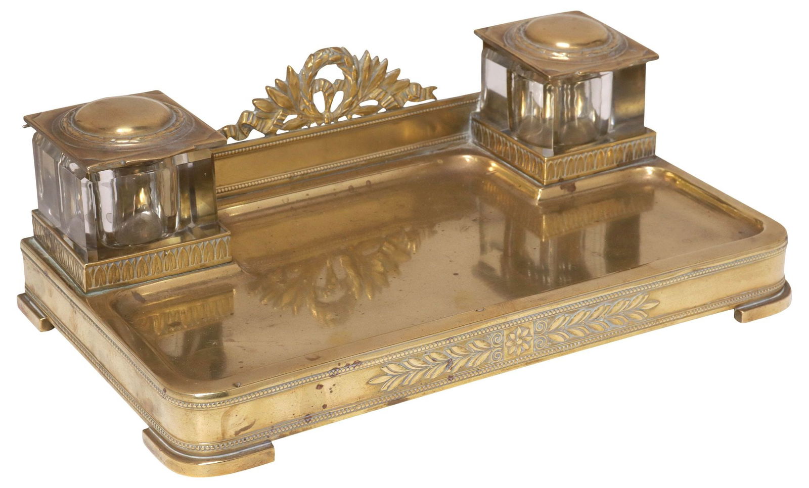 ENGLISH BRASS FOLIATE DECORATED DUAL-INKWELL DESK STAND (1 of 6)