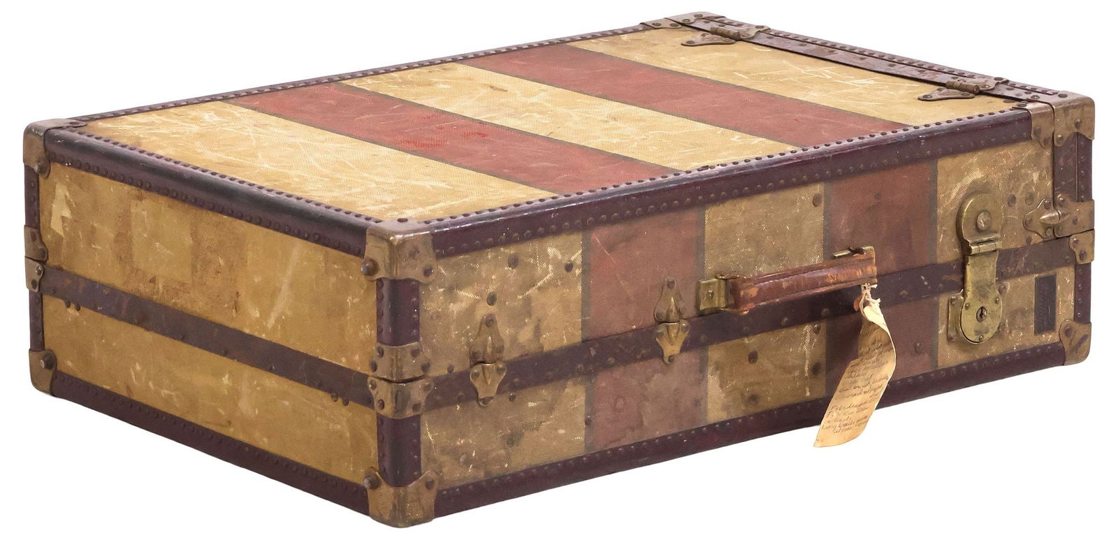 VINTAGE VICTOR AEROPAK METAL-BOUND & CANVAS-CLAD TRAVEL TRUNK: English canvas-clad steamer trunk, Victor Aeropak Luggage, London, early 20th c., trimmed with iron and patinated metal in a painted burgundy finish, gilt corner mounts, equipped with single top handl