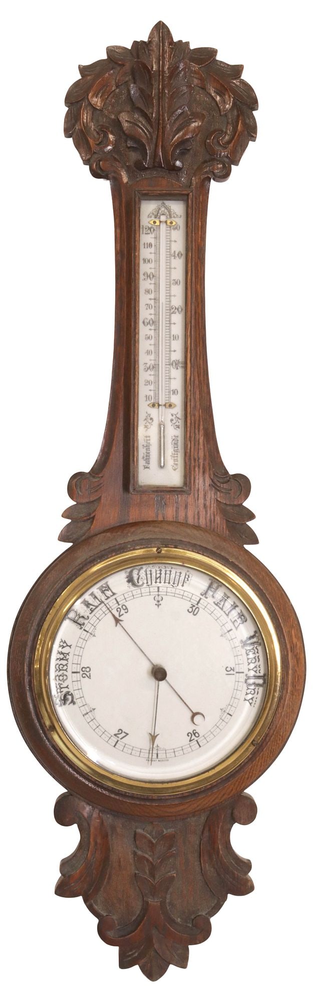 ENGLISH EDWARDIAN CARVED OAK WALL BAROMETER & THERMOMETER (1 of 5)
