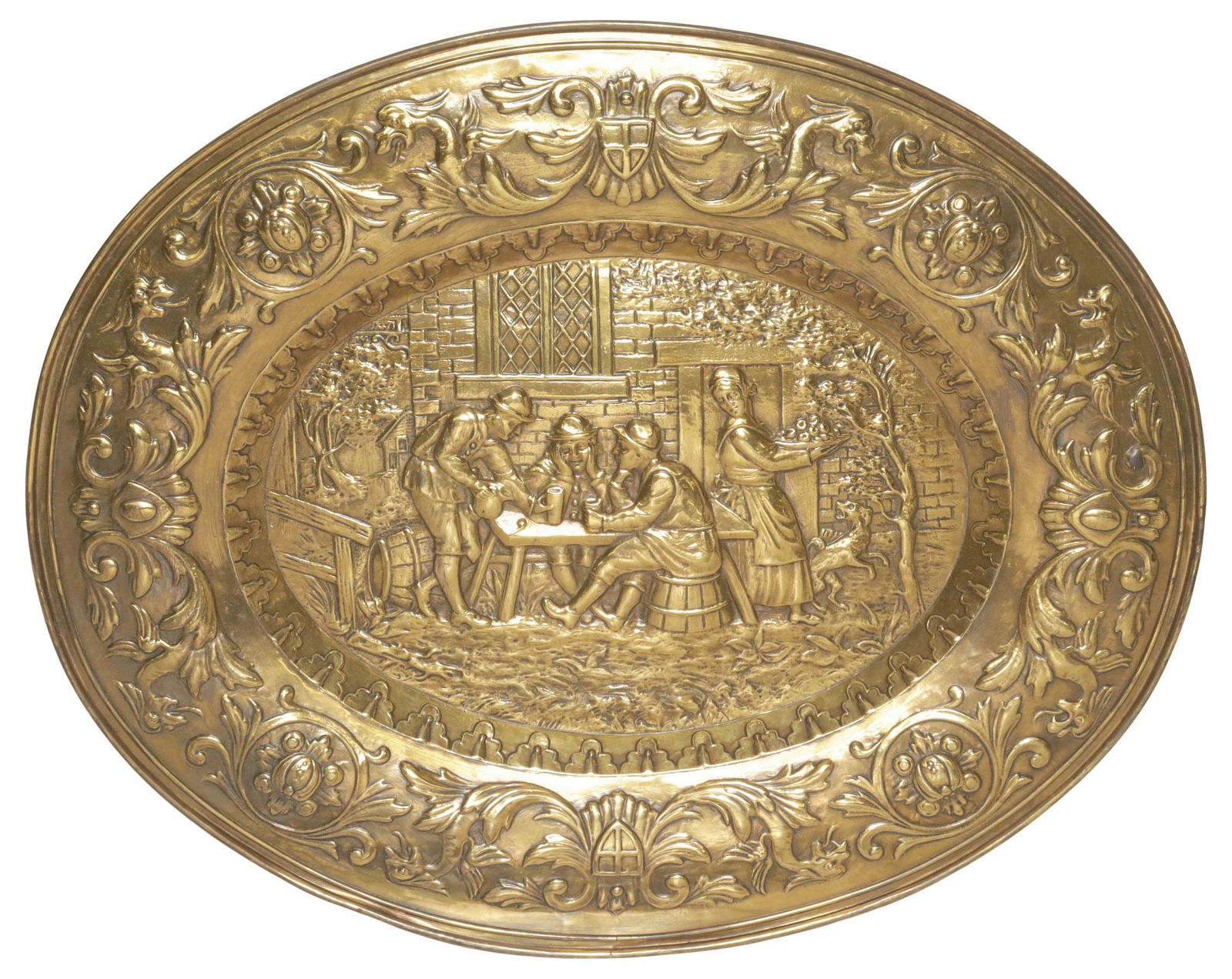 LARGE ENGLISH BRASS REPOUSSE WALL PLAQUE, PUB / TAVERN SCENE: English brass repousse wall plaque, early 20th c., having foliate and shield motif border, surrounding central tavern/ pub scene, wall hanger verso, approx 22"h, 27.25"w, 1.5"d, 3lbs