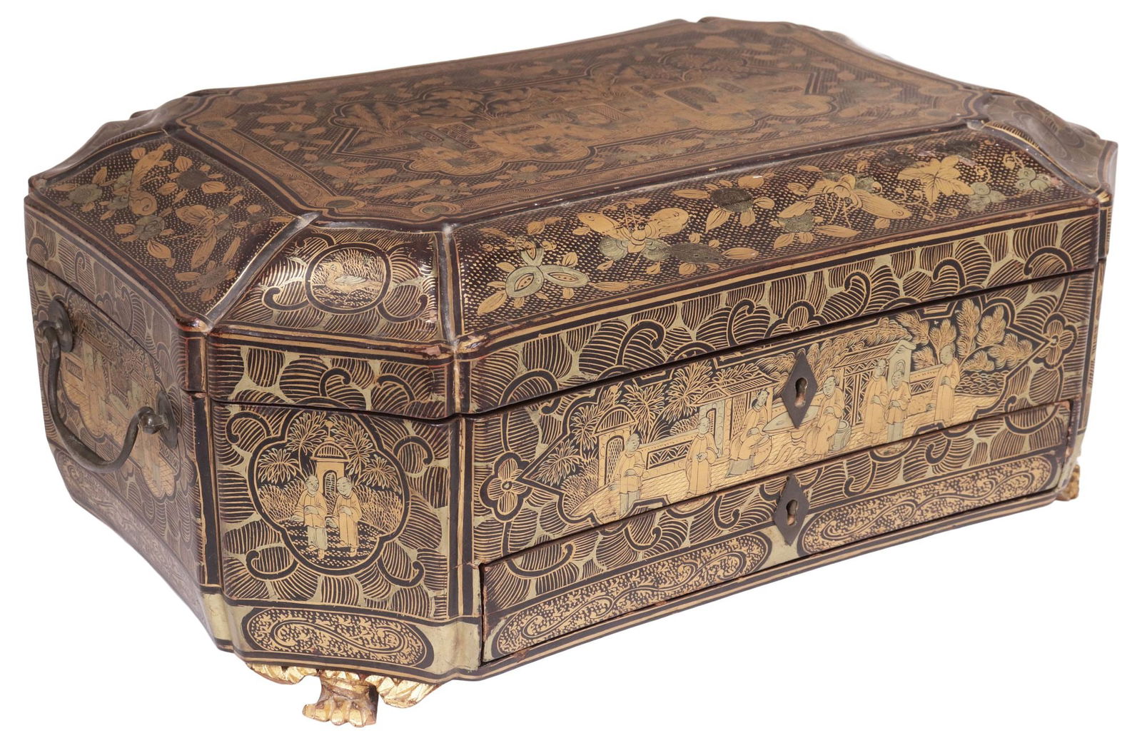 FINE CHINESE EXPORT GILT & LACQUERED SEWING BOX & ACCESSORIES (1 of 15)