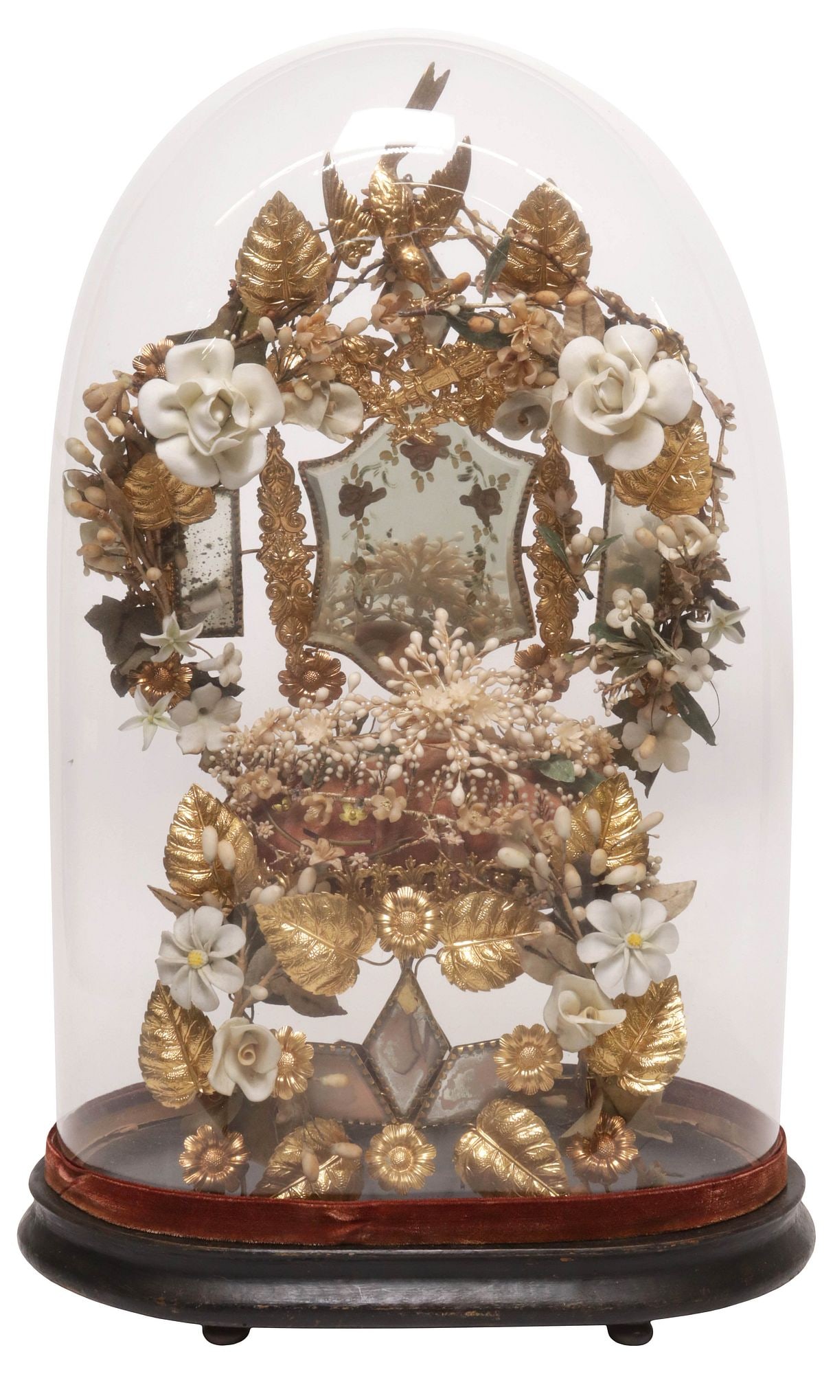 FRENCH GLOBE DE MARIEE / BRIDE'S GLOBE IN CLOCHE: French globe de mariee/ bride's globe, late 19th c., glass cloche/ dome on ebonized base, encasing gilt-metal frame and faux foliates, with central mirror plate over tufted cushion, approx 21.5"h, 12.