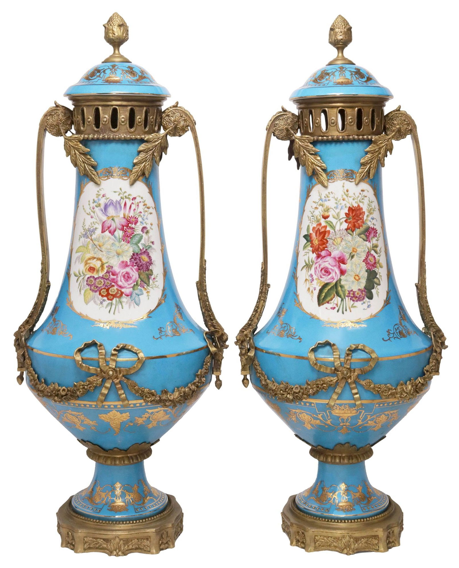 (2) SEVRES STYLE GILT METAL-MOUNTED PORCELAIN COVERED FLOOR VASES, 32"H (1 of 7)