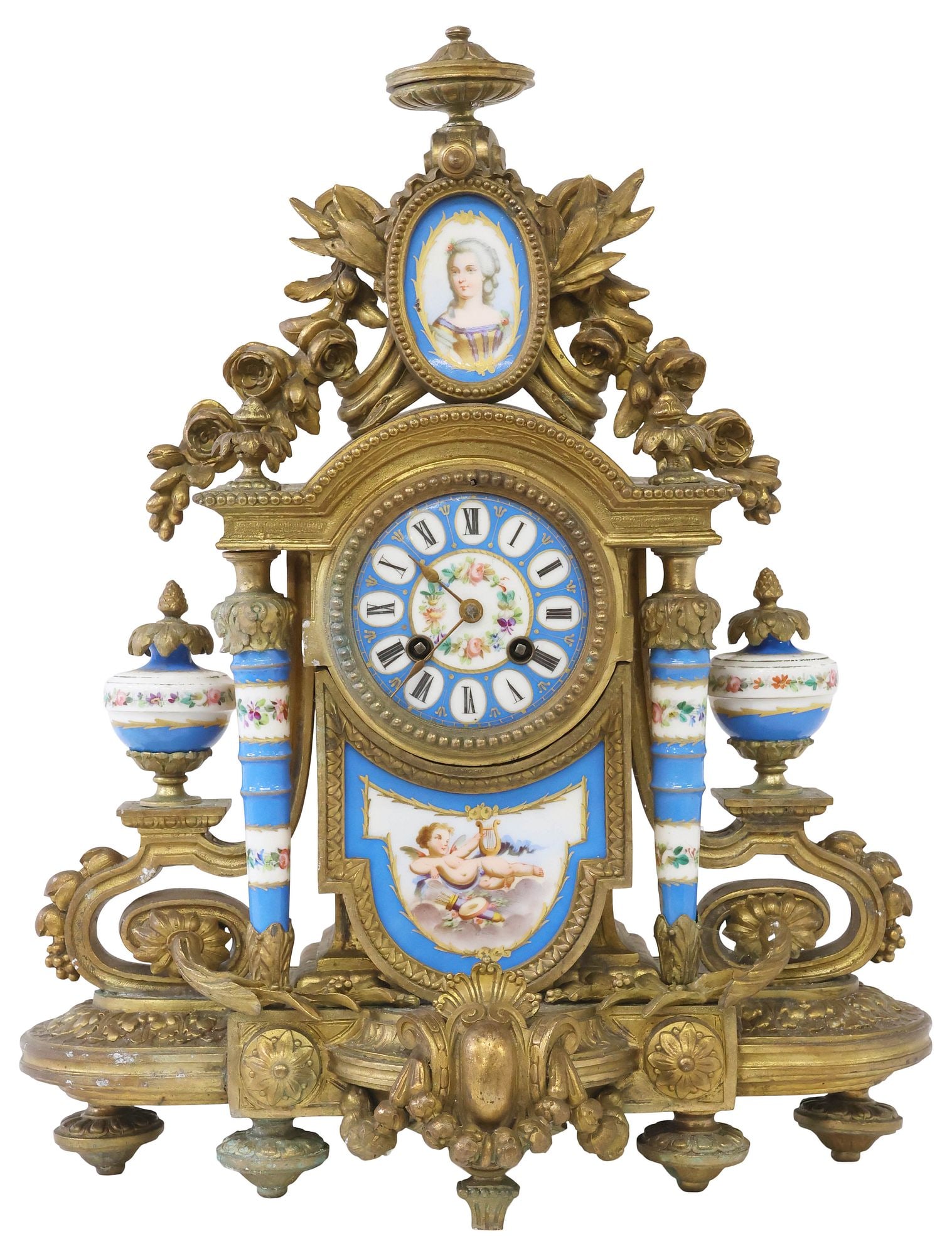 FRENCH SEVRES STYLE GILT-METAL & PORCELAIN MANTEL CLOCK (1 of 7)