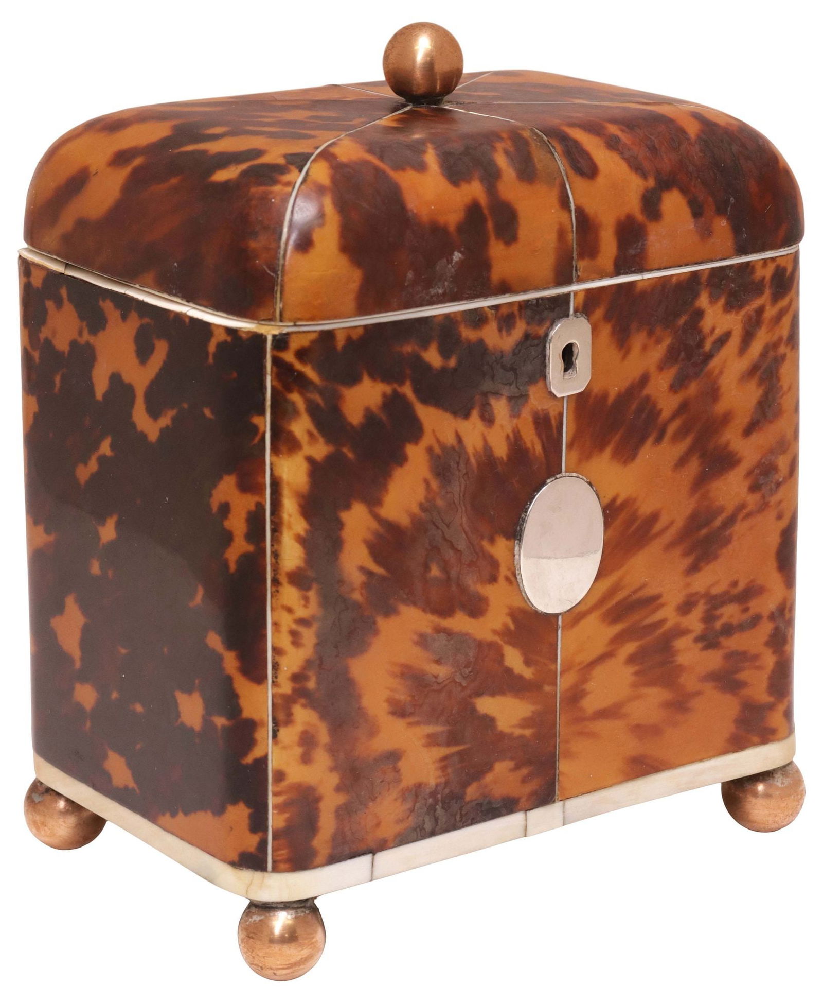 ENGLISH REGENCY PERIOD INLAID TEA CADDY ON BALL FEET: English Regency period shell tea caddy, early 19th c., upright case with hinged cover, revealing lidded compartment, central silverplate blank cartouche and escutcheon, with gilt-metal knop and bun fe