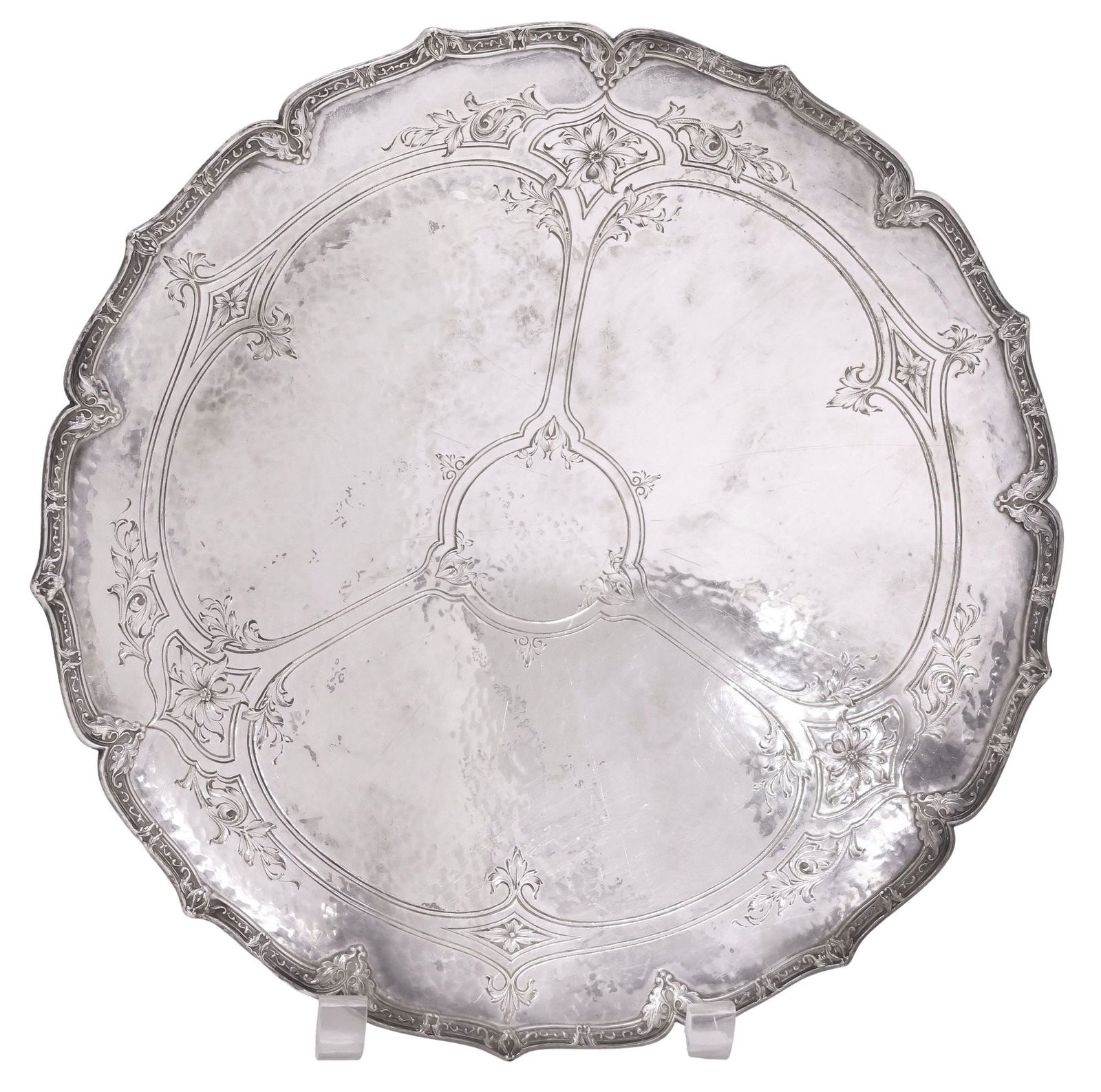 LEBKUECHER & COMPANY STERLING SILVER FOOTED SERVICE PLATE / TRAY: American sterling silver dessert tray, Lebkuecher and Company, Newark, New Jersey, having scrolled foliate border, and engraved floral vines, on a short foot, maker's mark CL, numbered 02432/12 underf