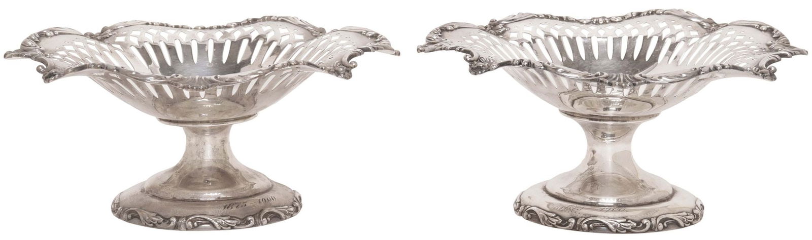 (2) AMERICAN LEBKUECHER & CO. NEW JERSEY RETICULATED STERLING SILVER COMPOTES: (lot of 2) American sterling silver compotes, Lebkeucher & Company, Newark, New Jersey, each having flared rim with foliate edge, reticulated bowl raised on monogrammed pedestal foot, further engraved