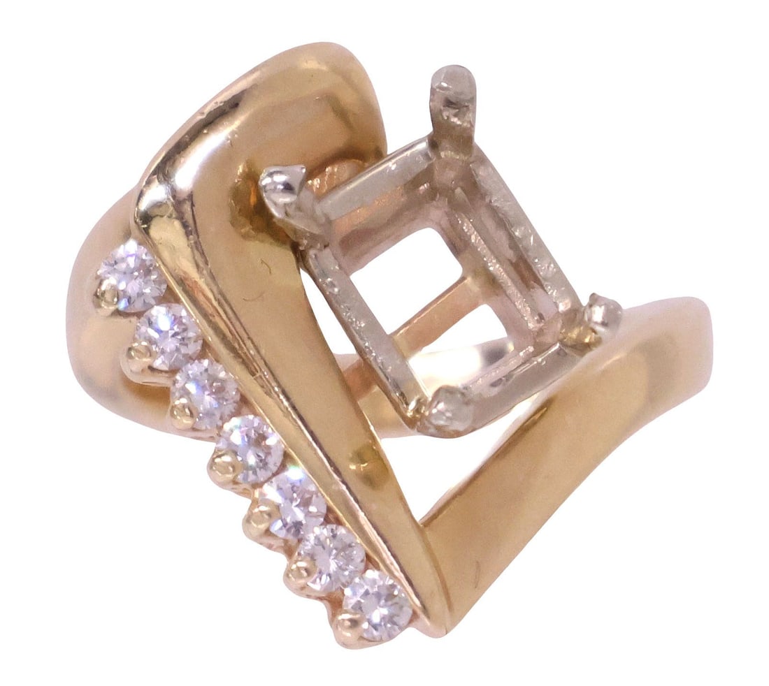 ESTATE 14KT YELLOW GOLD RING SETTING ONLY, DIAMOND ACCENTS: Estate 14kt yellow gold ring setting, formerly holding an emerald-cut stone, partial prongs remain, retaining (seven) round brilliant diamonds, beaded sizers, partial mark 14K, size 3.5, 7.1 grams (in