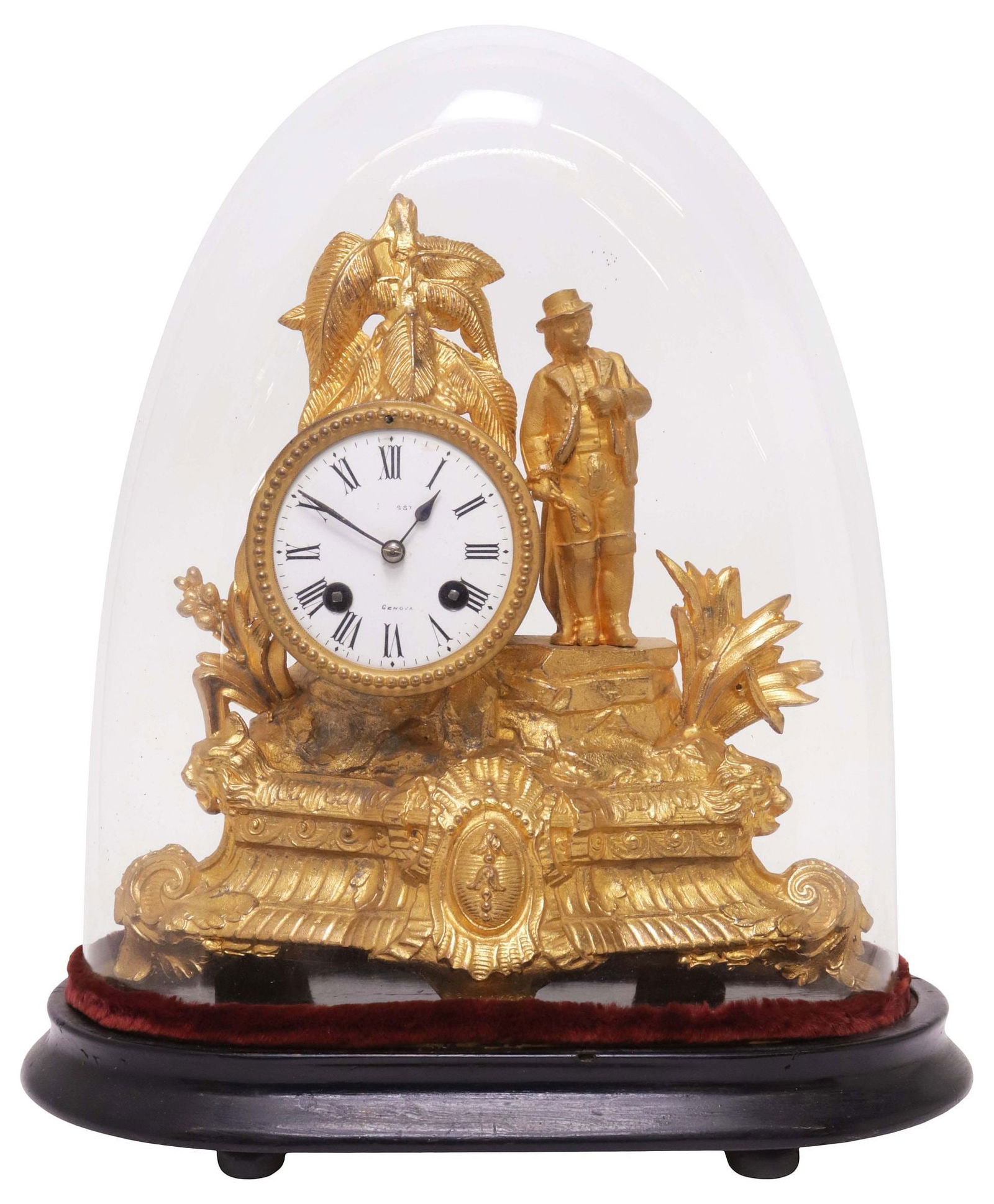 ITALIAN FIGURAL GILT-PAINTED METAL MANTEL CLOCK IN GLASS CLOCHE (1 of 7)
