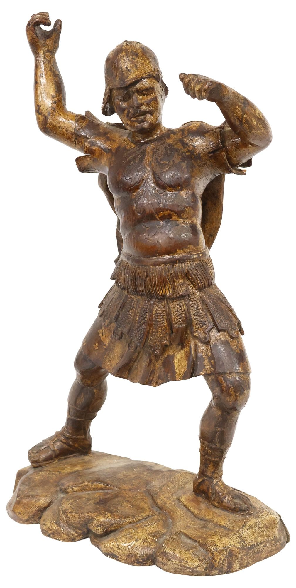 LARGE CARVED WOOD SCULPTURE, CLASSICAL STYLE MALE FIGURE, 21.75"H: Carved classical style wood figure, in the form of a helmeted male warrior, approx 21.75"h, 13"w, 7"d, 5lbs