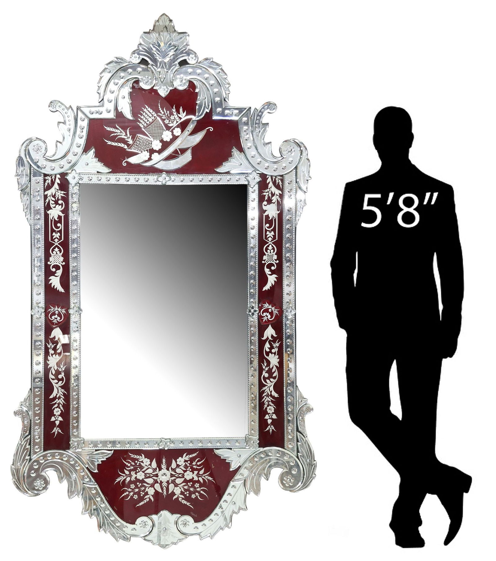 LARGE VENETIAN STYLE COLORED & ETCHED GLASS MIRROR, 83"H: Large Venetian style wall mirror, having foliate-shaped frame over an etched foliates and floral motif, encasing flat mirror plate, surrounded by a geometric border, with burgundy accents on crest and