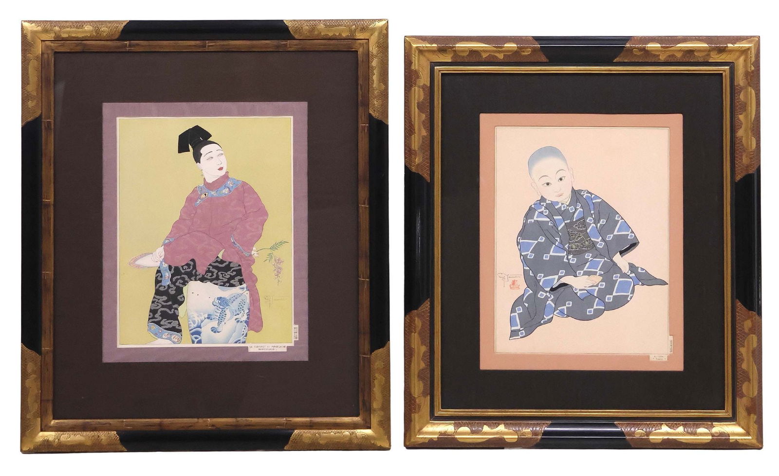 (2) PAUL JACOULET (1902-1960) WOODBLOCK PRINTS, 'KIYOSHI TOKIO' & 'LE TABOURET': (lot of 2) Framed woodblock prints in colors on paper, each pencil signed Paul Jacoulet (Japan, France, 1902-1960), titled in print lower right, including: (1) "Kiyoshi Tokio," with sailing ship red
