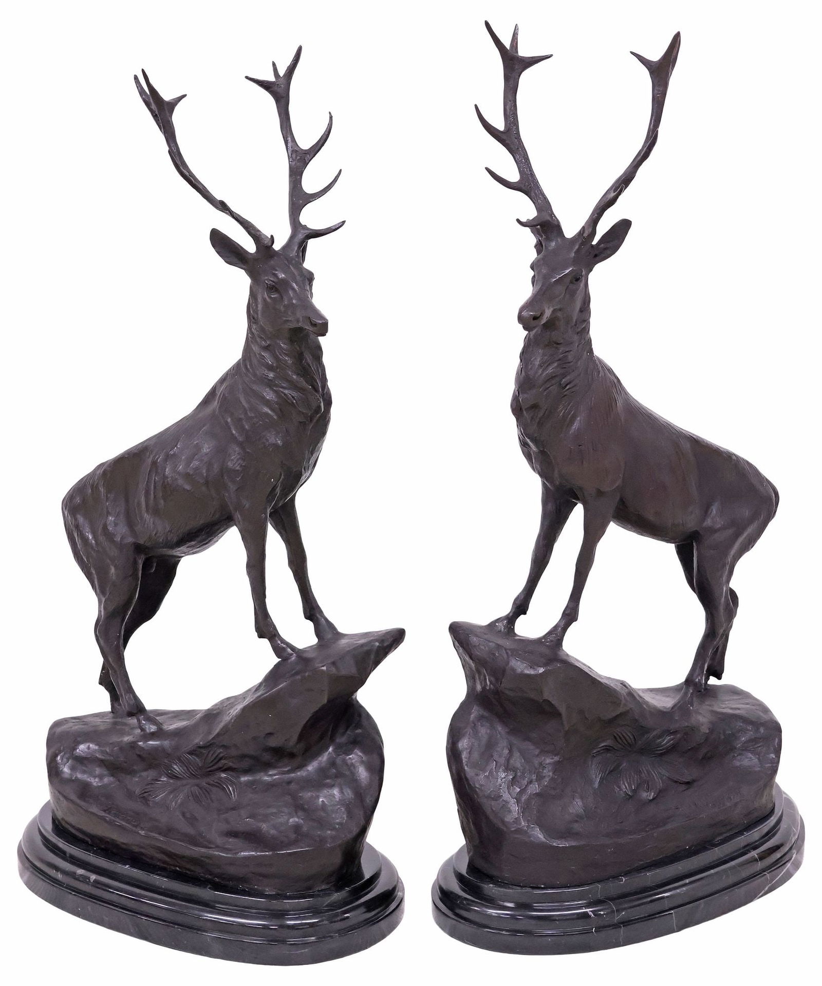 (2) AFTER JULES MOIGNIEZ LARGE PATINATED BRONZE STAGS: (pair) Large patinated bronze sculptures, signed in cast after Jules Moigniez (French, 1835-1894), depicting stag standing over naturalistic rocky outcrop, on stepped marble plinth, approx 29"h,