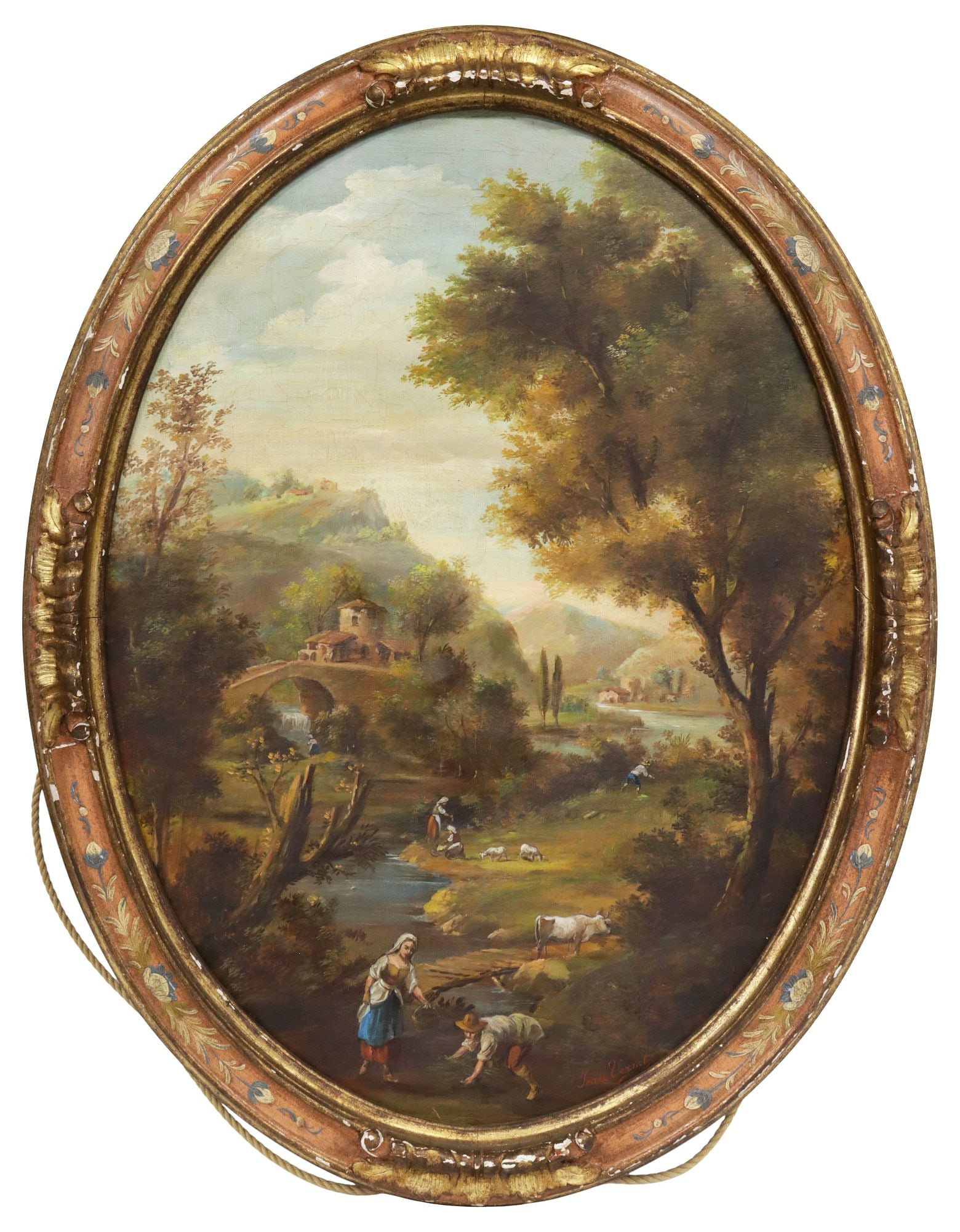 JEAN VERNET (FRENCH, 1716-1775) PAINTING, PROVINCIAL FIGURES IN LANDSCAPE: Framed oil on canvas painting, Provincial Figures in Hillside Landscape, signed lower right Jean Vernet (Jean Antoine Vernet, French, 1716-1775), stretcher stamped Jean Vernet INd'A Originale,