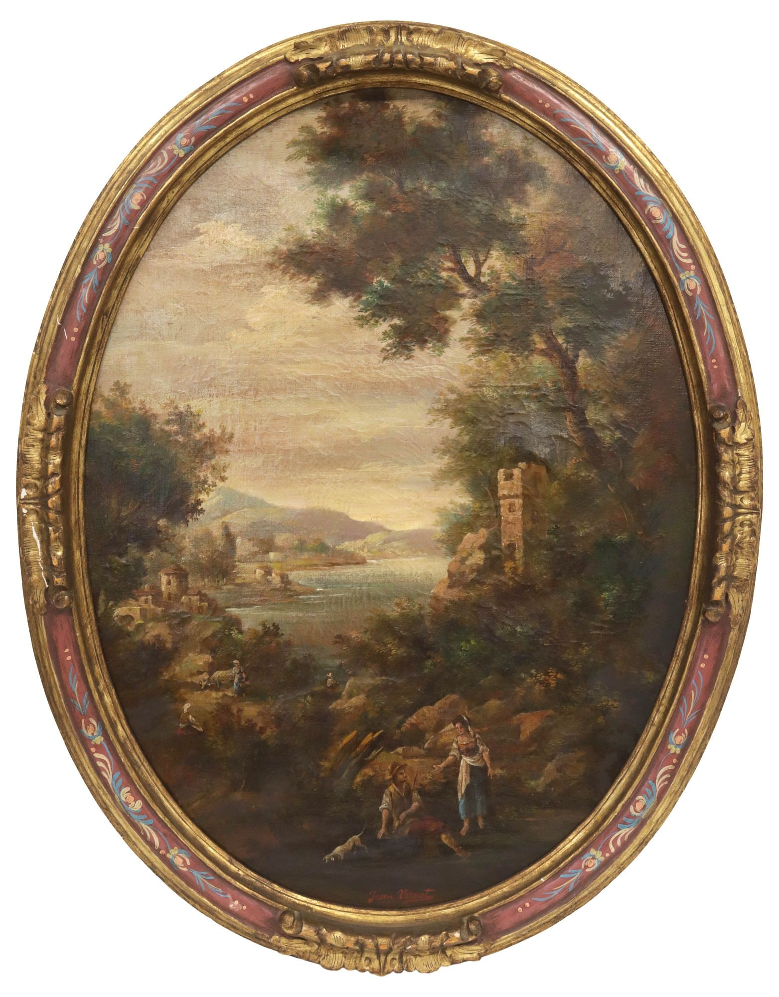 JEAN VERNET (FRENCH, 1716-1775) PAINTING, PROVINCIAL FIGURES IN VALLEY: Framed oil on canvas painting, Provincial Figures in a Valley, signed lower center Jean Vernet (Jean Antoine Vernet, French, 1716-1775), stretcher stamped Jean Vernet INd'A Originale, with wax seal in