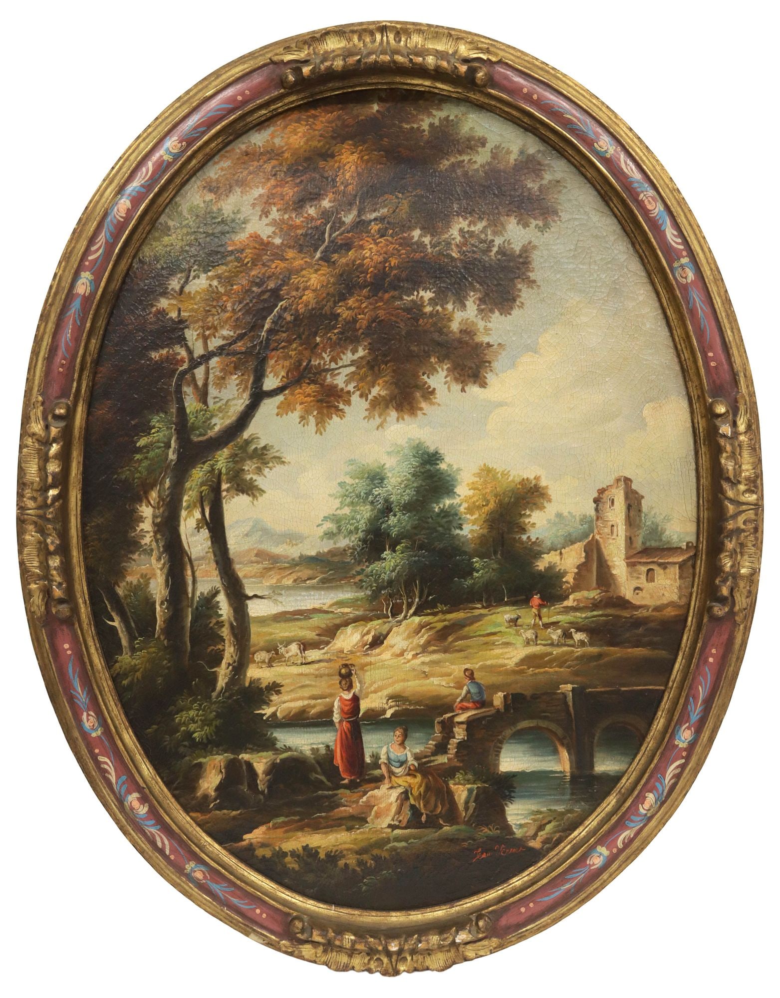 JEAN VERNET (FRENCH, 1716-1775) PAINTING, PROVINCIAL FIGURES BY A CREEK: Framed oil on canvas painting, Provincial Figures Gathered by a Creek, signed lower right Jean Vernet (Jean Antoine Vernet, French, 1716-1775), stretcher stamped Jean Vernet INd'A Originale, with wax