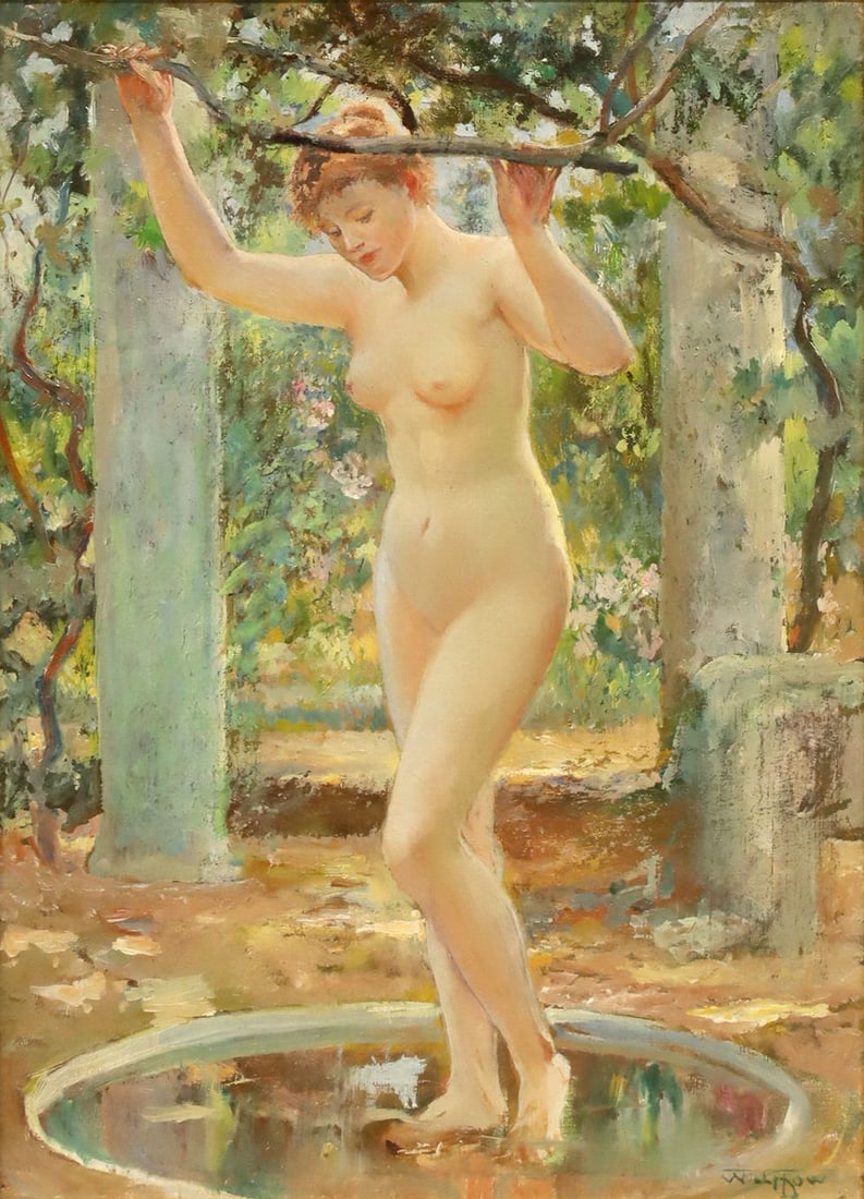 WILL HICOCK LOW (1853-1932) ALLEGORICAL OIL PAINTING, AN ARCADIAN NUDE: Framed oil on canvas painting, An Arcadian Nude, signed lower right Will H. Low (Will Hicock Low, American, 1853-1932), sight: approx 14.25"h, 10.25"w, overall: approx 18 3/8"h, 14 3/8"w, 3.75lbs