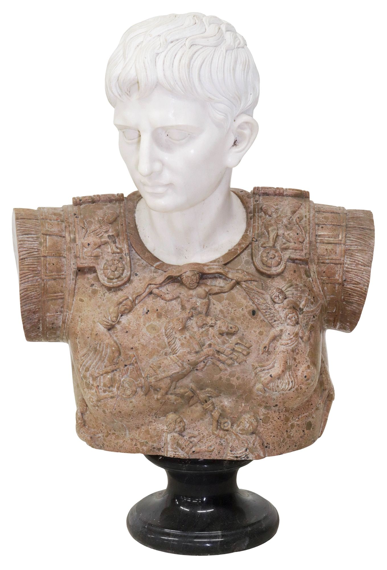 LARGE CLASSICAL STYLE POLYCHROME MARBLE BUST, ROMAN EMPEROR AUGUSTUS, 30"H: Classical style polychrome and white marble sculpture, Bust of the Roman Emperor Augustus Caesar, on integral plinth, approx 30"h, 21.5"w, 11"d