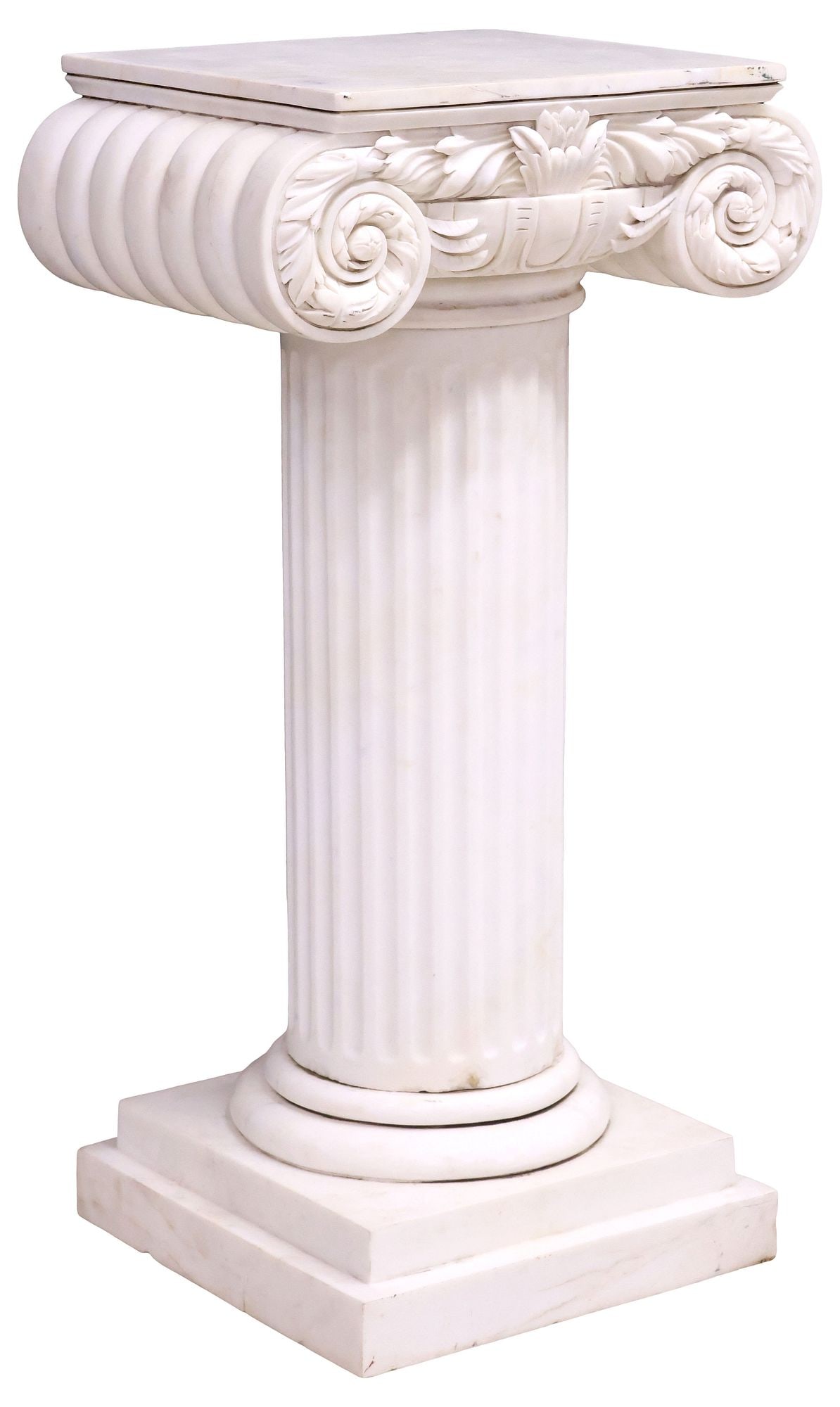 CLASSICAL STYLE FLUTED MARBLE COLUMN / DISPLAY PEDESTAL, 41"H: Classical style carved marble display pedestal, having scrolled capital on fluted column, ending on square plinth, column: approx 27.25"h, 10.5"diam, capital: approx 7.75"h, 21.5"w, 16"d, overall: app