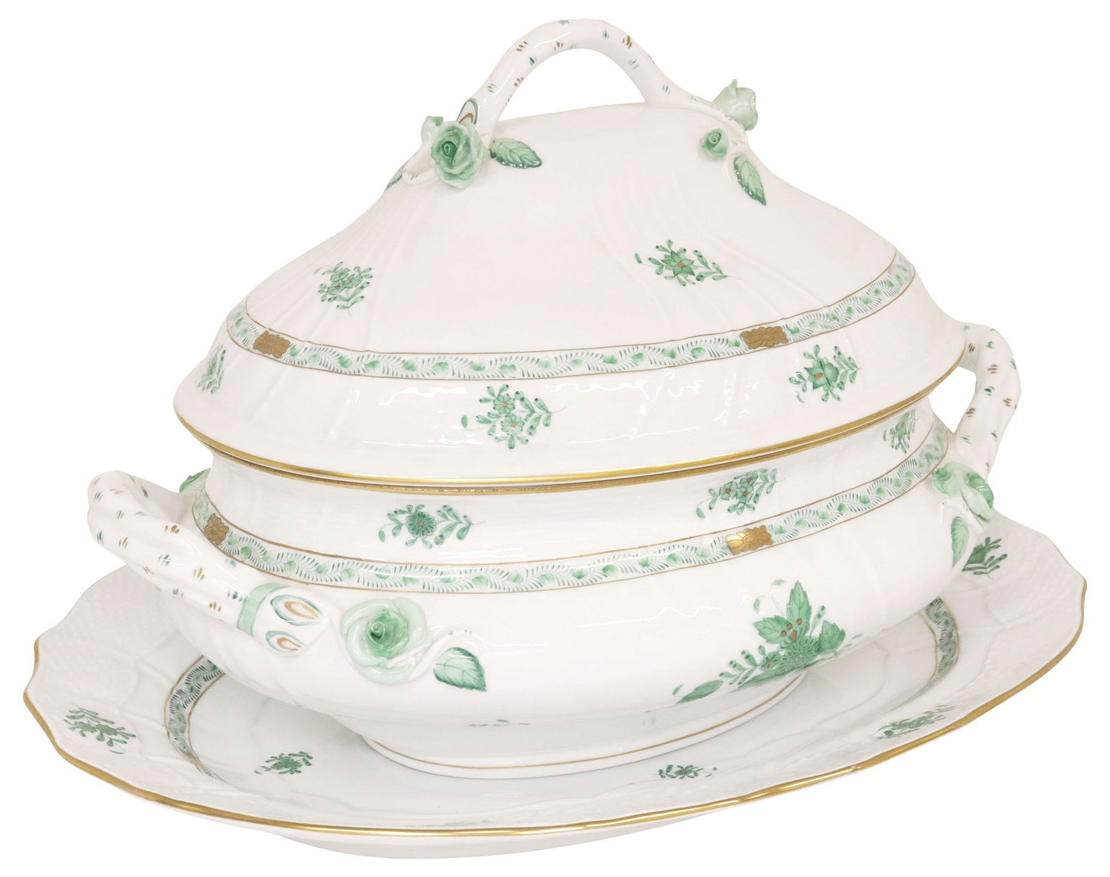 (2) HEREND 'CHINESE BOUQUET GREEN' PORCELAIN COVERED TUREEN & UNDERPLATE (1 of 8)