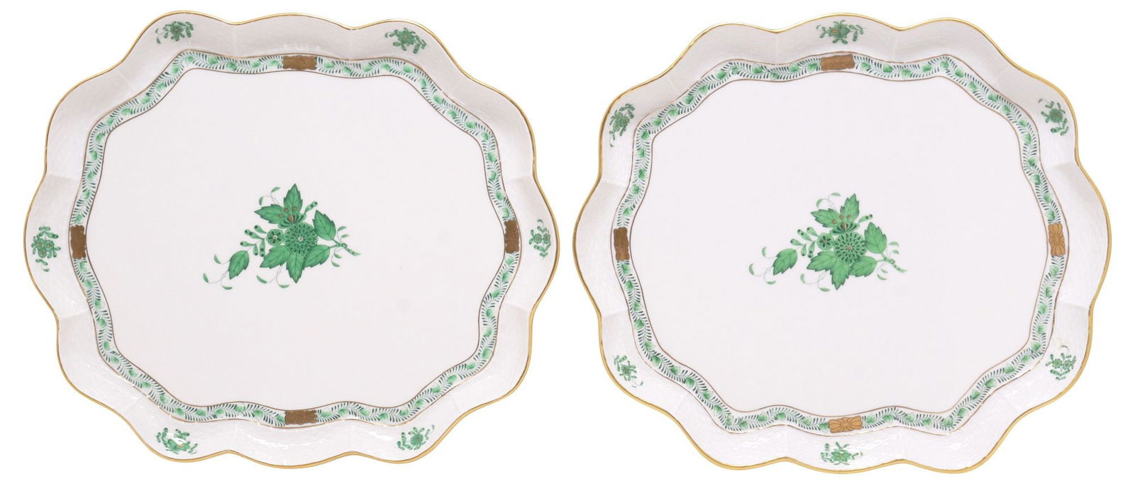 (2) HEREND 'CHINESE BOUQUET GREEN' HAND-PAINTED PORCELAIN SCALLOPED TRAYS: (lot of 2) Herend porcelain large scalloped trays, in the "Chinese Bouquet Green" pattern, each having parcel-gilt scalloped border, hand-painted floral sprays with embossed basket weave trim, maker's