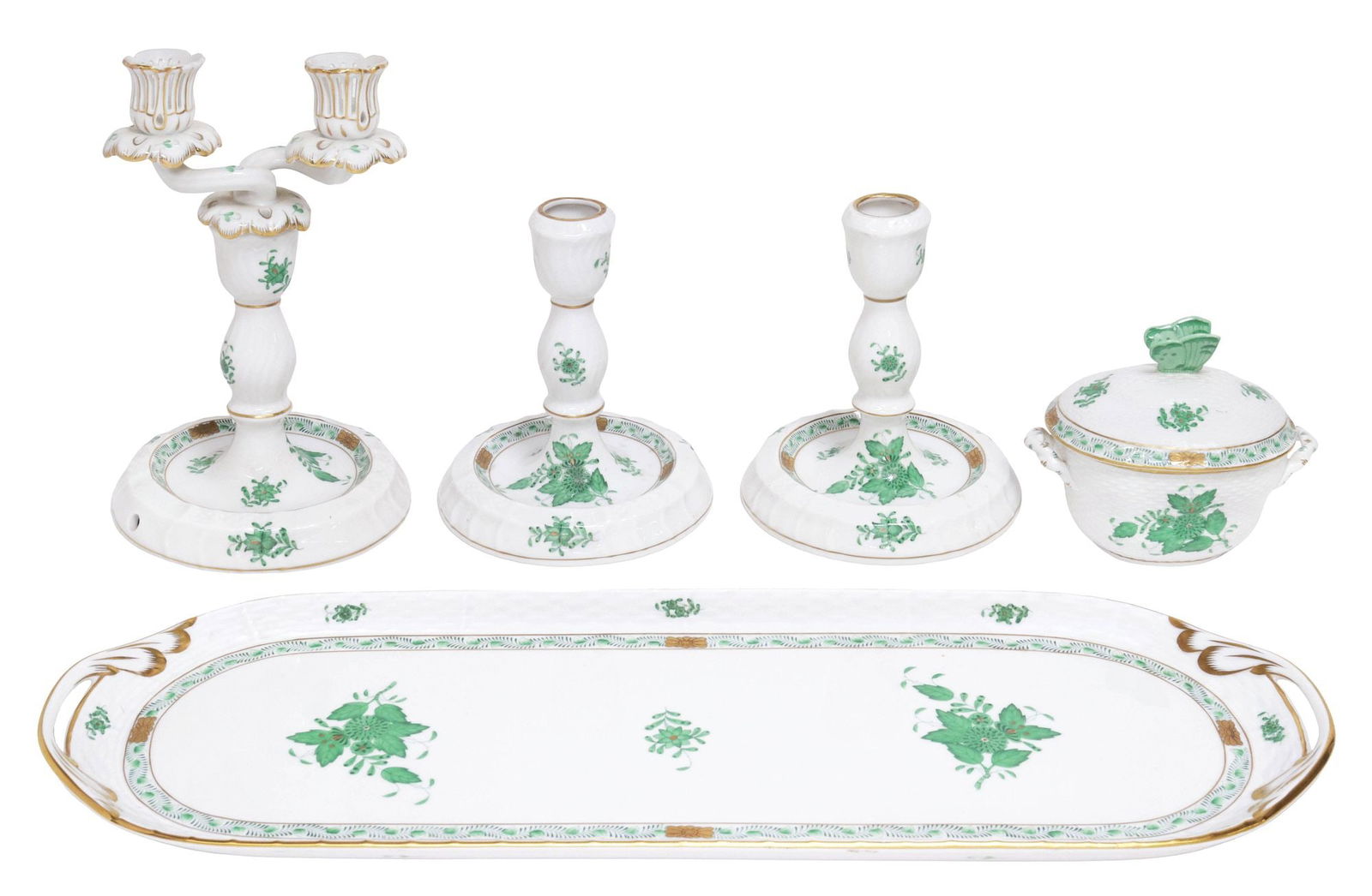 (5) HEREND 'CHINESE BOUQUET GREEN' HAND-PAINTED PORCELAIN TABLE ITEMS (1 of 6)