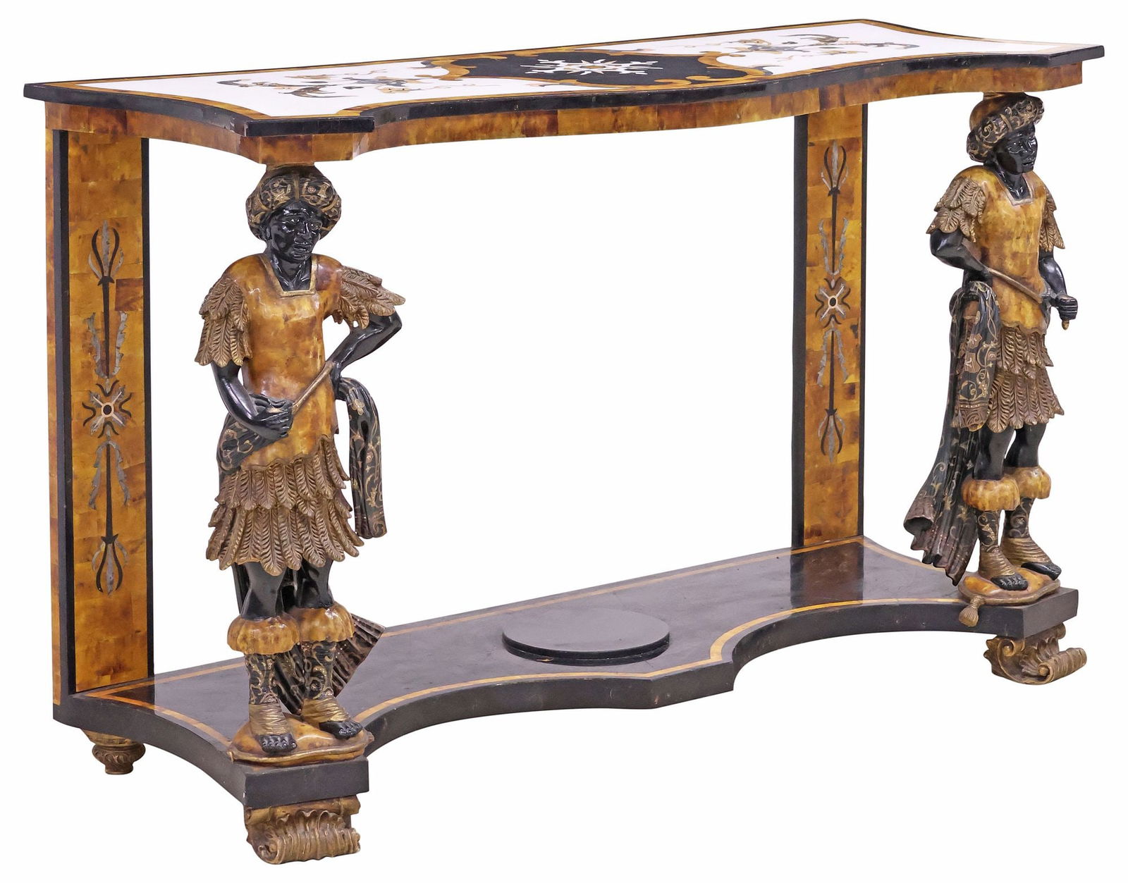 VENETIAN STYLE PIETRA DURA INLAID PARCEL-GILT FIGURAL CONSOLE TABLE (1 of 6)