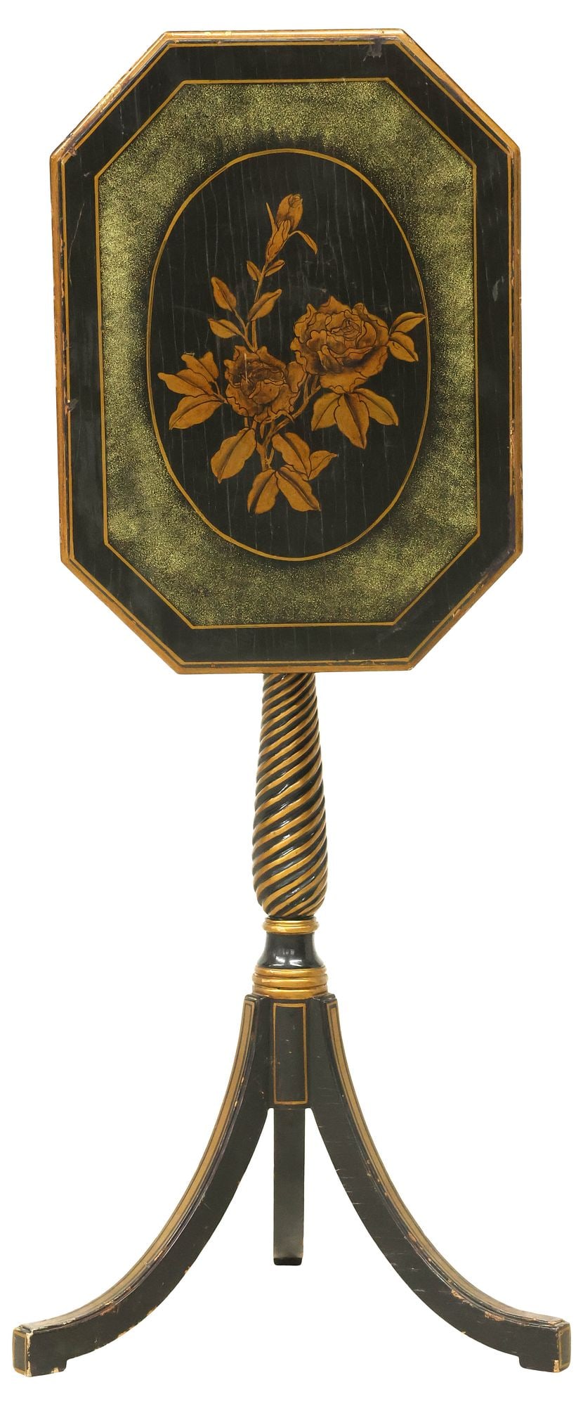 ENGLISH REGENCY PERIOD PARCEL-GILT TILT-TOP SIDE TABLE: English Regency period tilt-top table, early 19th c., having canted rectangular tilt-top, with parcel-gilt floral motifs, rising on spiral turned standard, ending on tripartite base, top up: approx 40