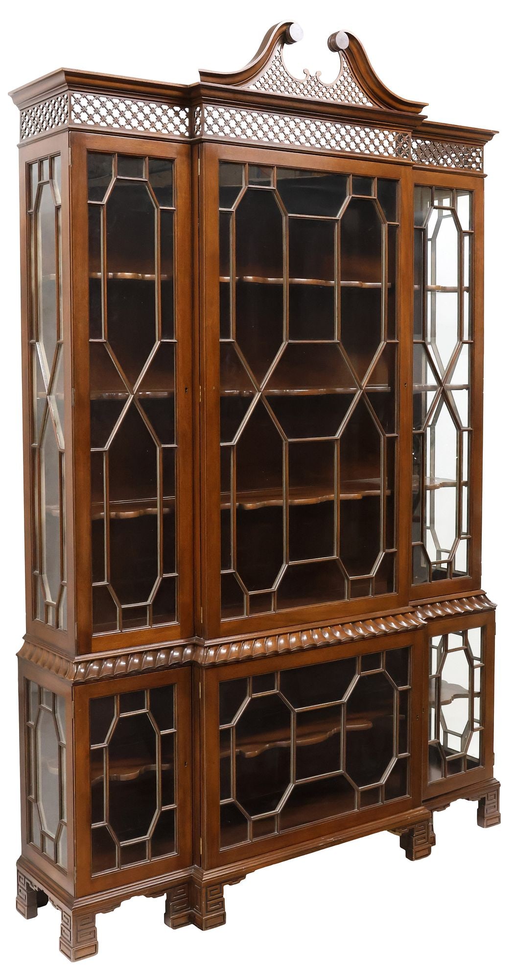 BAKER (ATTRIB.) CHINESE CHIPPENDALE STYLE MAHOGANY BREAKFRONT DISPLAY CABINET (1 of 3)