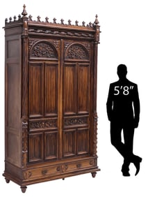 MONUMENTAL FRENCH VEROT GOTHIC REVIVAL CARVED WALNUT ARMOIRE, 105"H