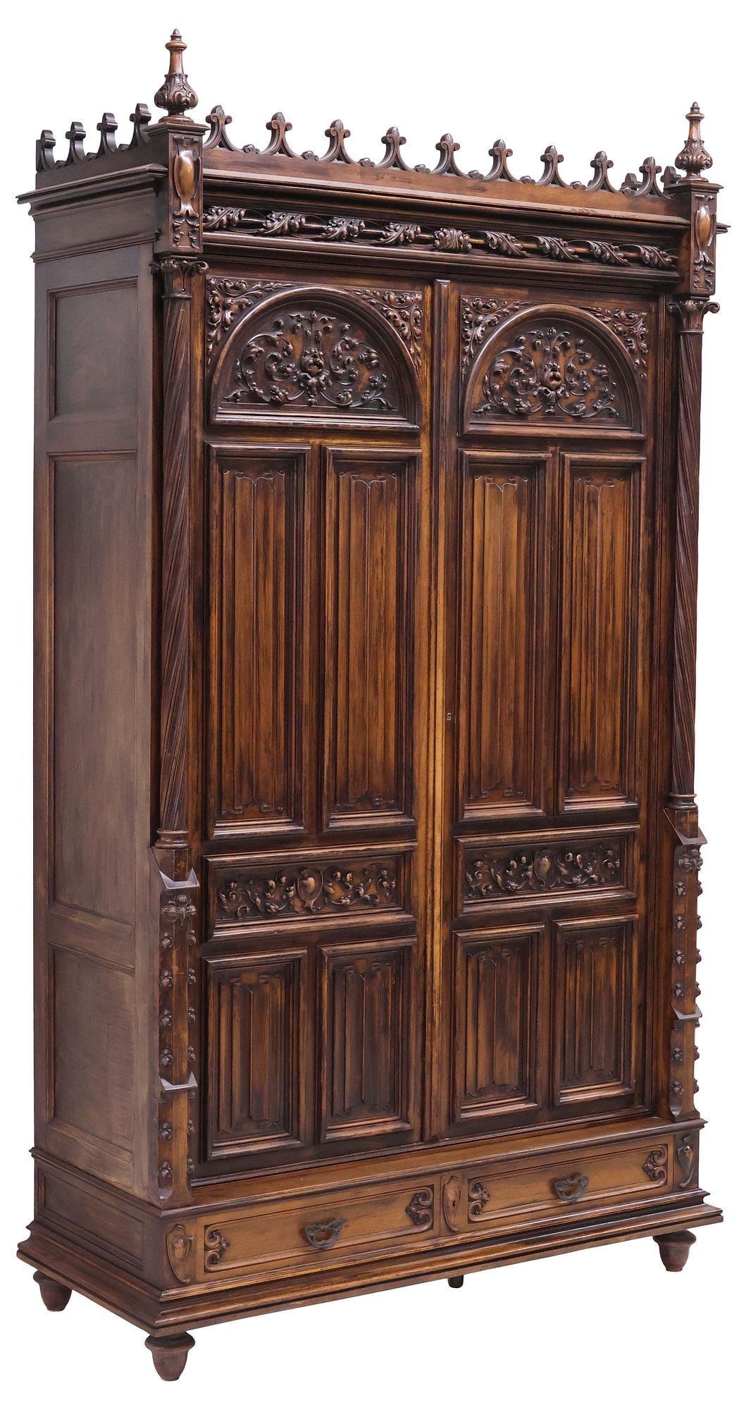 MONUMENTAL FRENCH VEROT GOTHIC REVIVAL CARVED WALNUT ARMOIRE, 105"H - 2