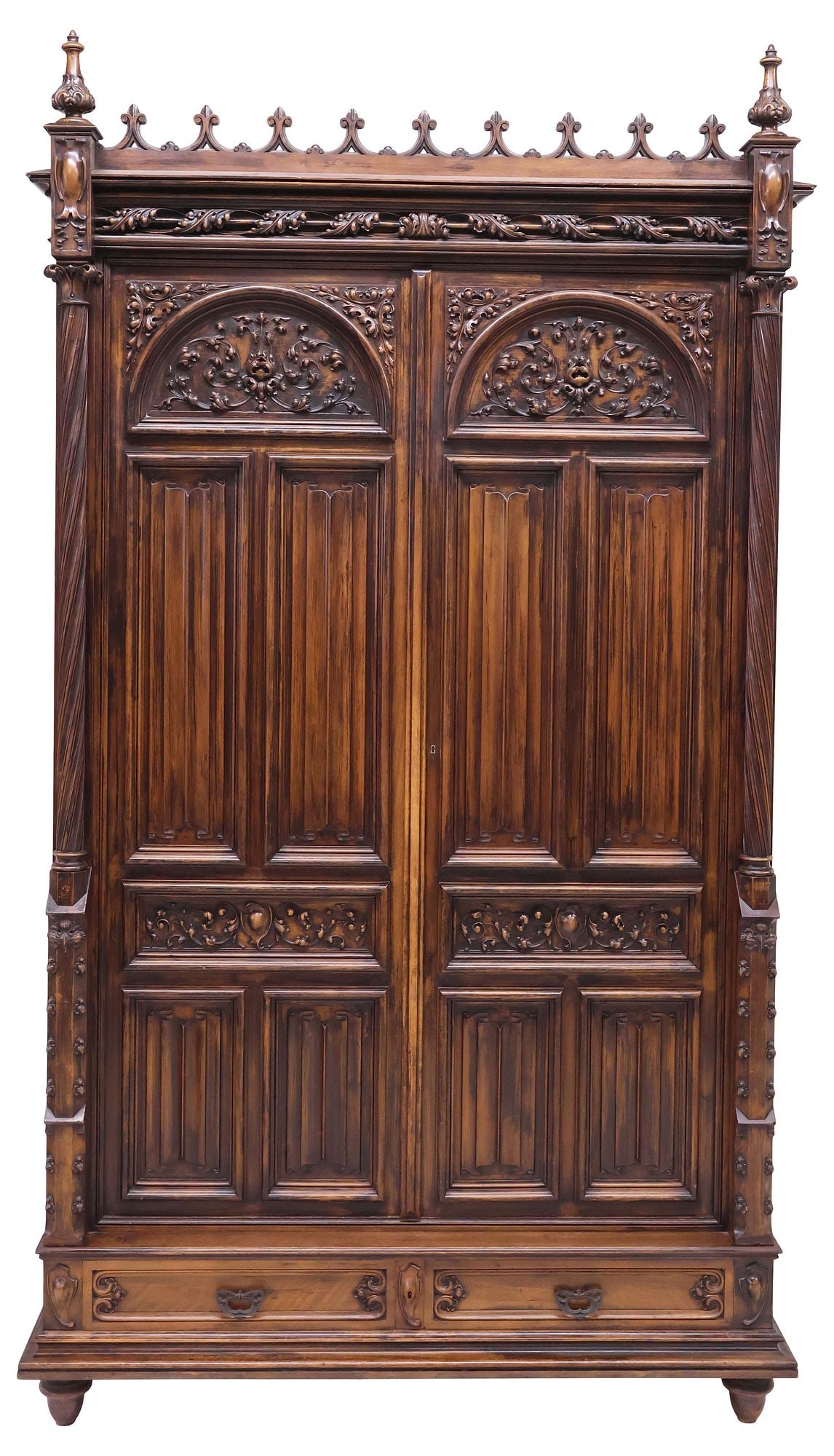 MONUMENTAL FRENCH VEROT GOTHIC REVIVAL CARVED WALNUT ARMOIRE, 105"H - 3