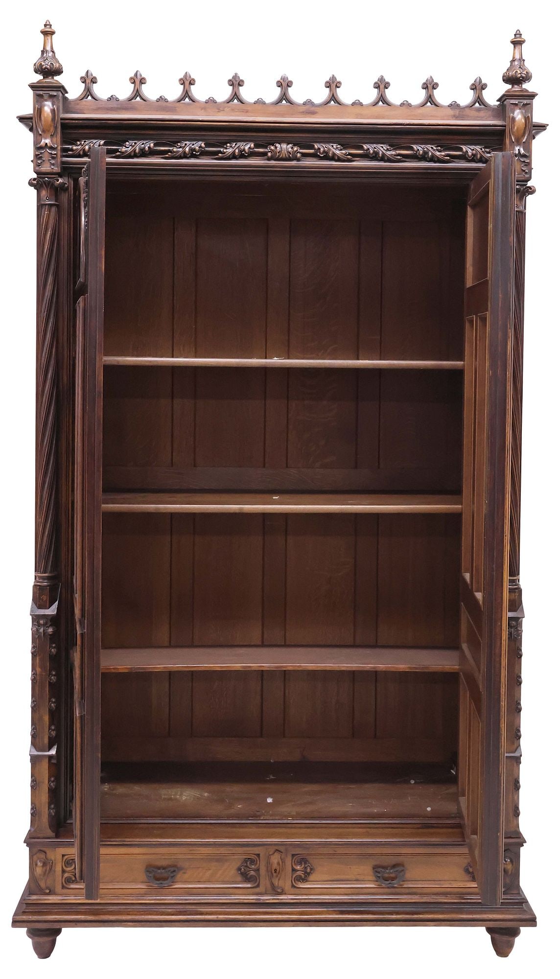 MONUMENTAL FRENCH VEROT GOTHIC REVIVAL CARVED WALNUT ARMOIRE, 105"H - 4