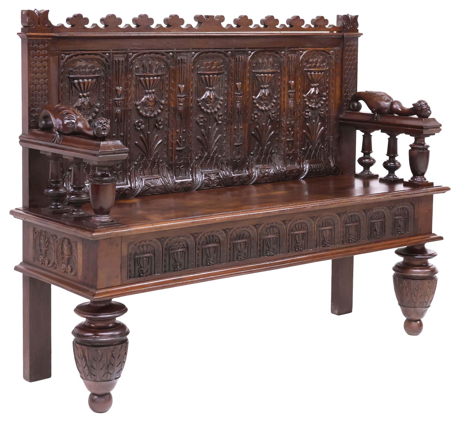 HIGHLY CARVED FRENCH GOTHIC REVIVAL CARVED WALNUT HALL BENCH (1 of 6)