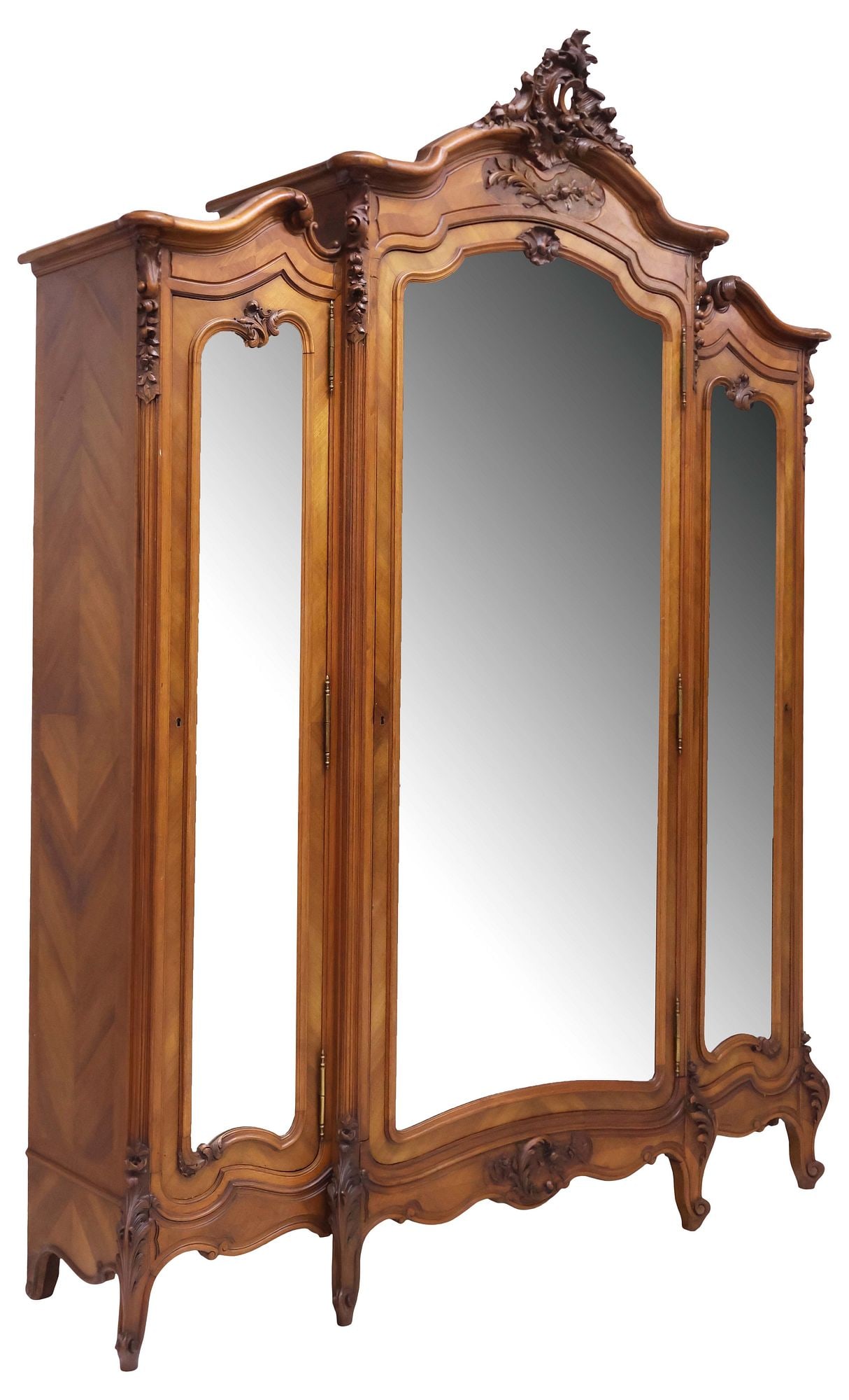 MONUMENTAL FRENCH LOUIS XV STYLE CARVED WALNUT MIRRORED ARMOIRE, 106"H - 2